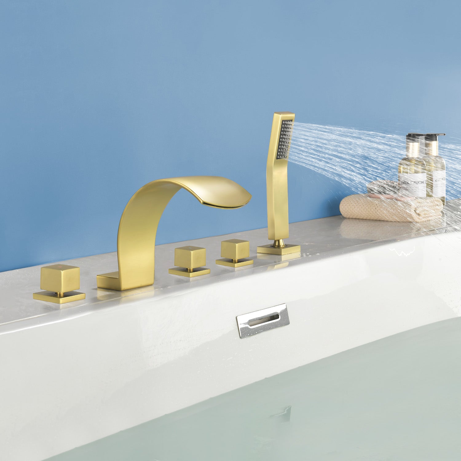 5-Hole Bathtub Mixer Deck Mounted Roman Bath Tub Filler with Hand-Held Shower Sprayer and Waterfall Spout