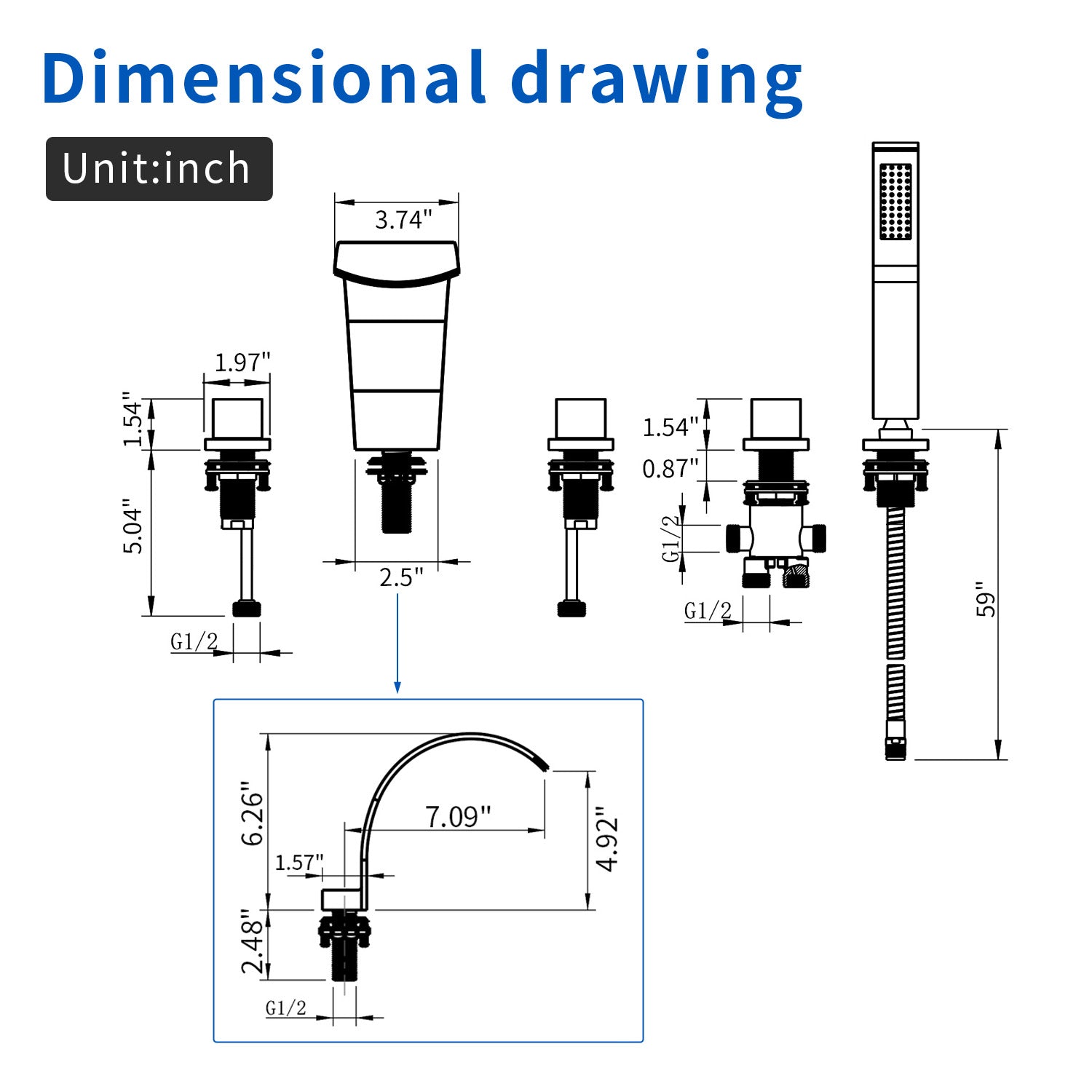 5-Hole Bathtub Mixer Deck Mounted Roman Bath Tub Filler with Hand-Held Shower Sprayer and Waterfall Spout
