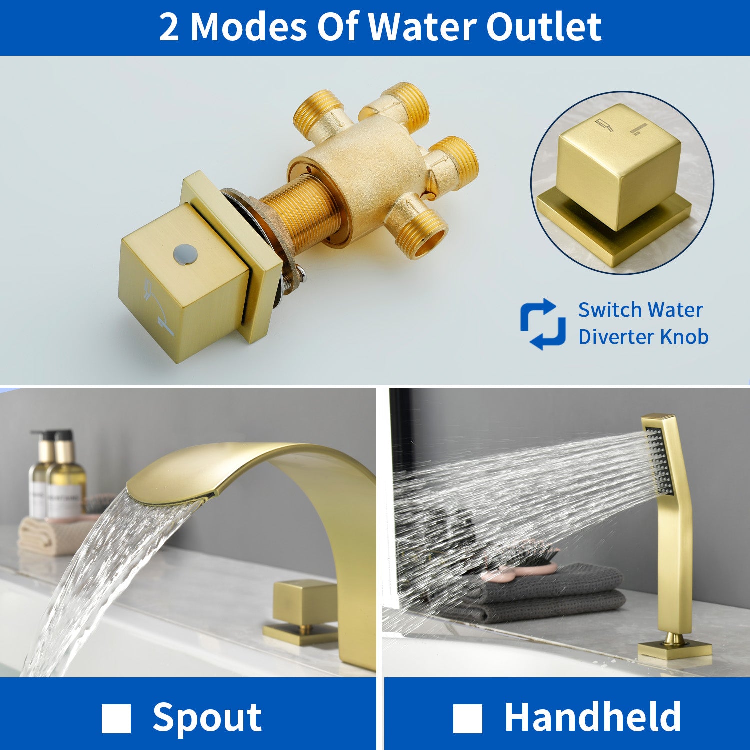 5-Hole Bathtub Mixer Deck Mounted Roman Bath Tub Filler with Hand-Held Shower Sprayer and Waterfall Spout