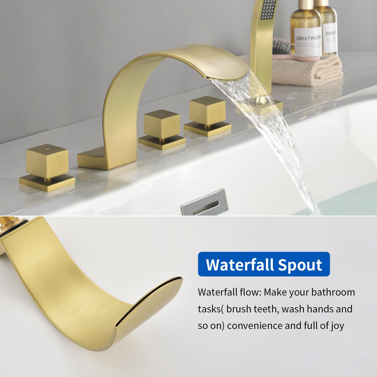 5-Hole Bathtub Mixer Deck Mounted Roman Bath Tub Filler with Hand-Held Shower Sprayer and Waterfall Spout