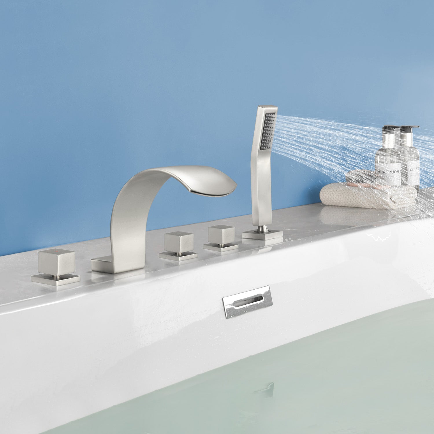 5-Hole Bathtub Mixer Deck Mounted Roman Bath Tub Filler with Hand-Held Shower Sprayer and Waterfall Spout