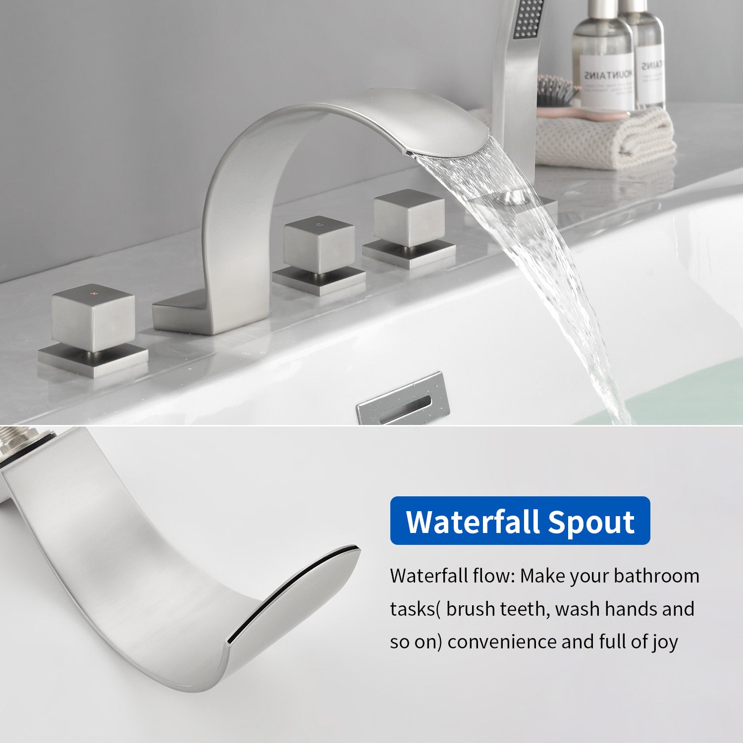 5-Hole Bathtub Mixer Deck Mounted Roman Bath Tub Filler with Hand-Held Shower Sprayer and Waterfall Spout