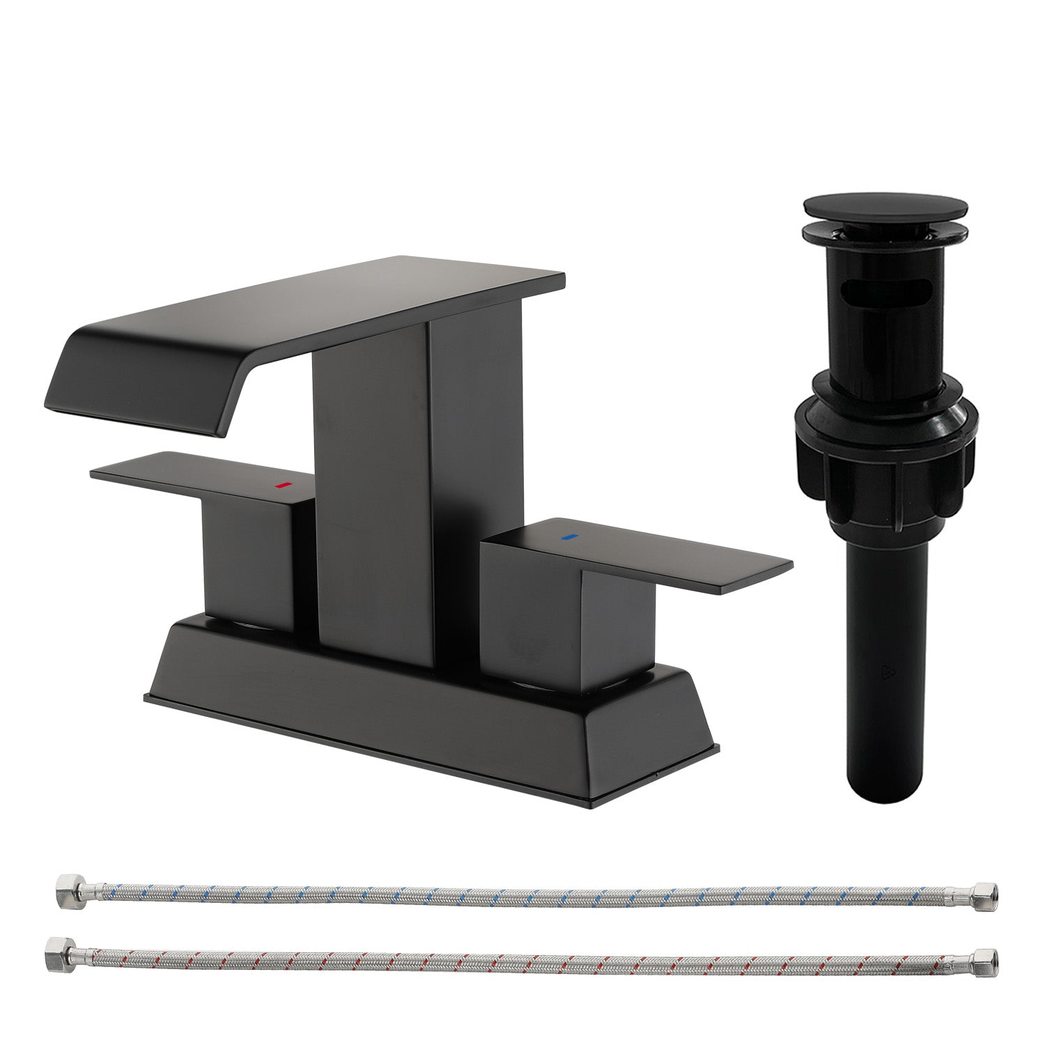 Waterfall Centerset Bathroom Sink Faucet 4 Inch 2 Handle Hot Cold Mixer Basin Faucet with Pop-Up Drain Stopper and Supply Lines