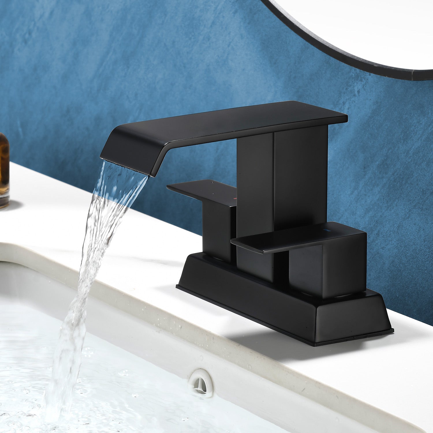 Waterfall Centerset Bathroom Sink Faucet 4 Inch 2 Handle Hot Cold Mixer Basin Faucet with Pop-Up Drain Stopper and Supply Lines