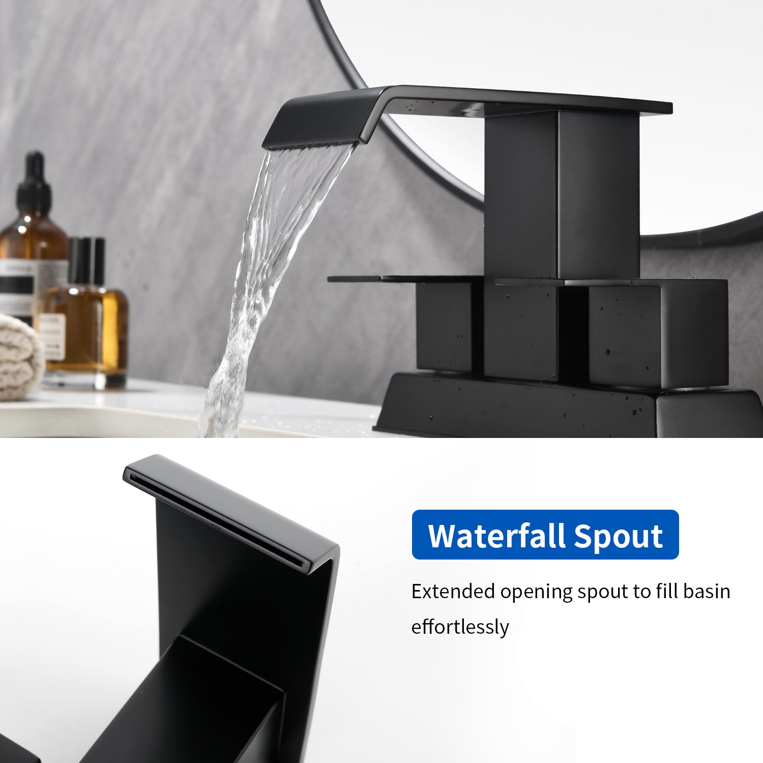 Waterfall Centerset Bathroom Sink Faucet 4 Inch 2 Handle Hot Cold Mixer Basin Faucet with Pop-Up Drain Stopper and Supply Lines