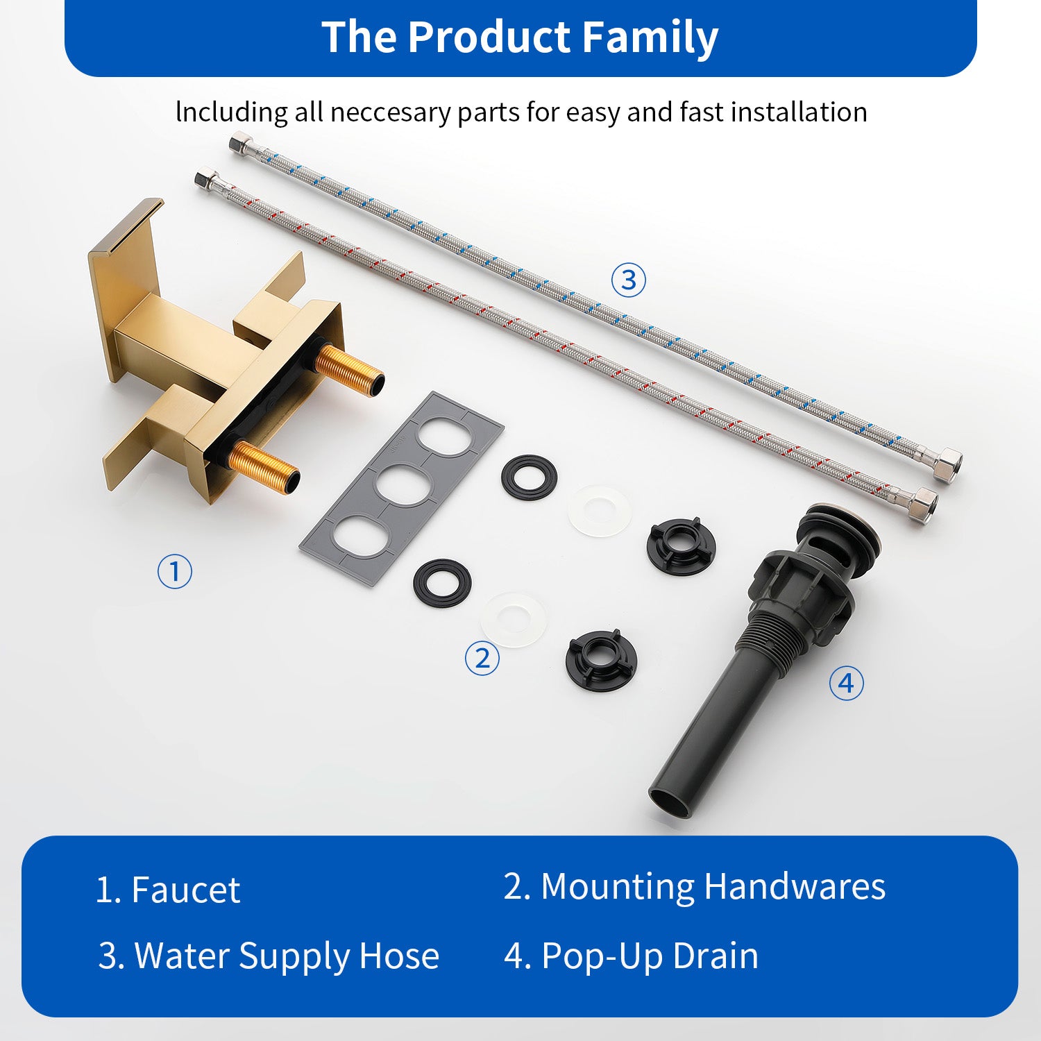 Waterfall Centerset Bathroom Sink Faucet 4 Inch 2 Handle Hot Cold Mixer Basin Faucet with Pop-Up Drain Stopper and Supply Lines