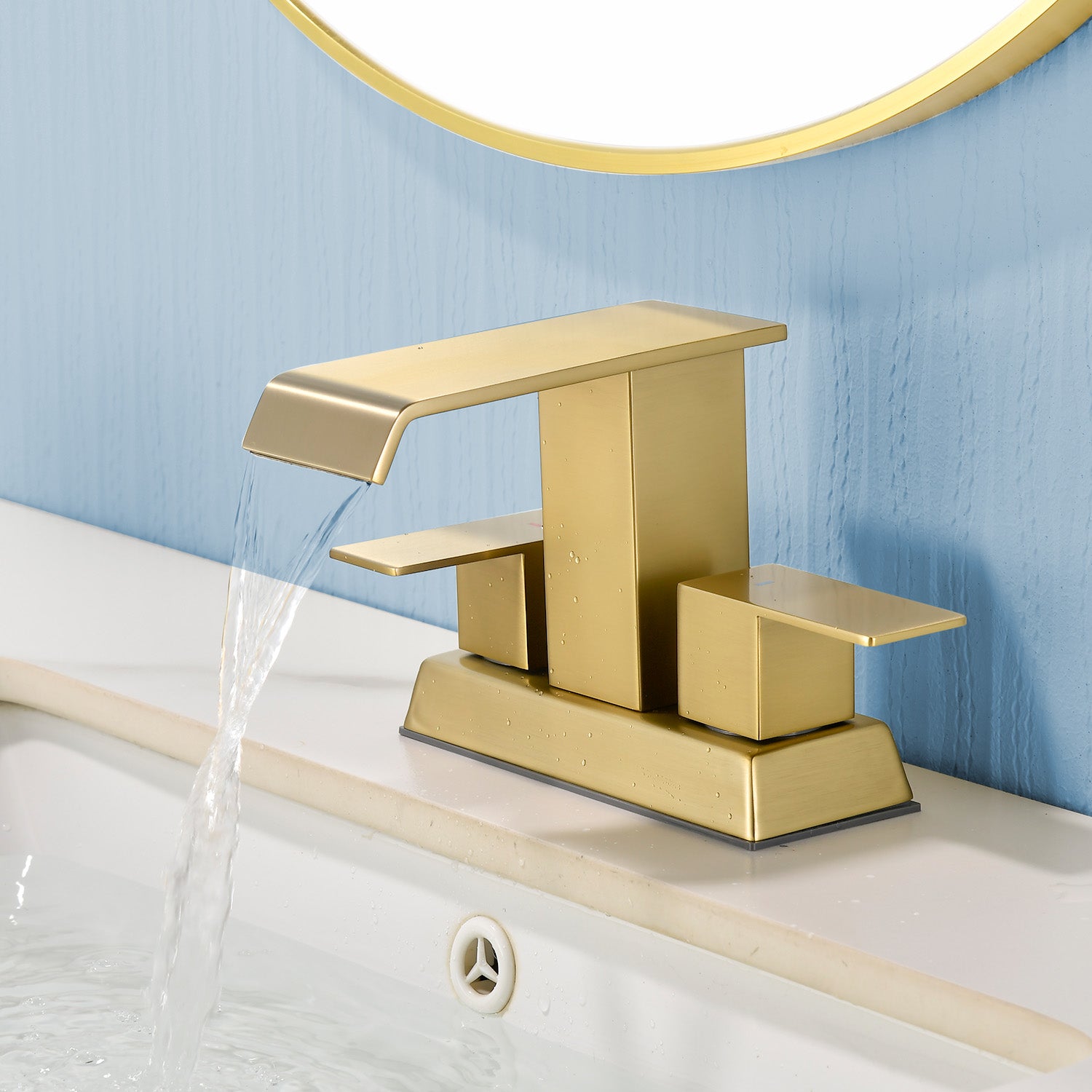 Waterfall Centerset Bathroom Sink Faucet 4 Inch 2 Handle Hot Cold Mixer Basin Faucet with Pop-Up Drain Stopper and Supply Lines