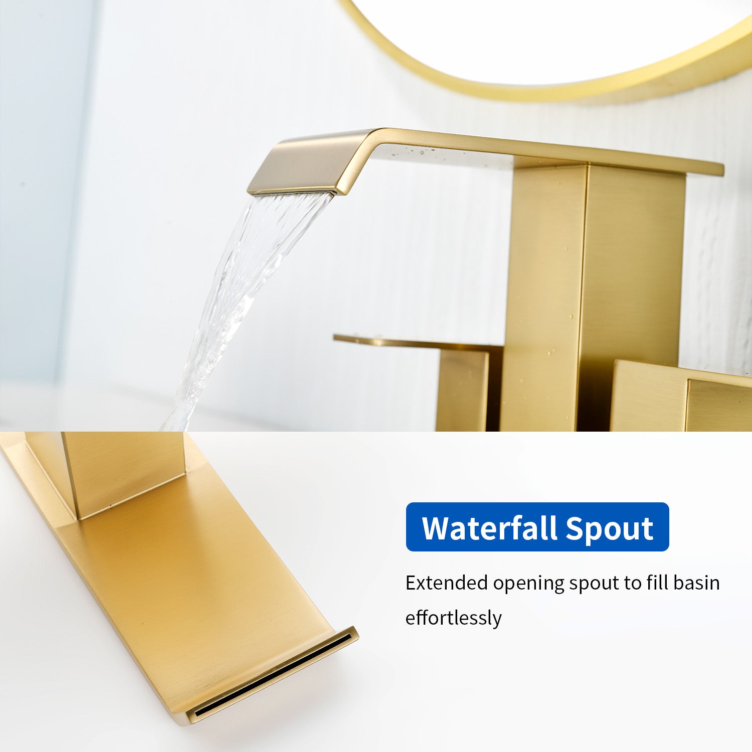 Waterfall Centerset Bathroom Sink Faucet 4 Inch 2 Handle Hot Cold Mixer Basin Faucet with Pop-Up Drain Stopper and Supply Lines