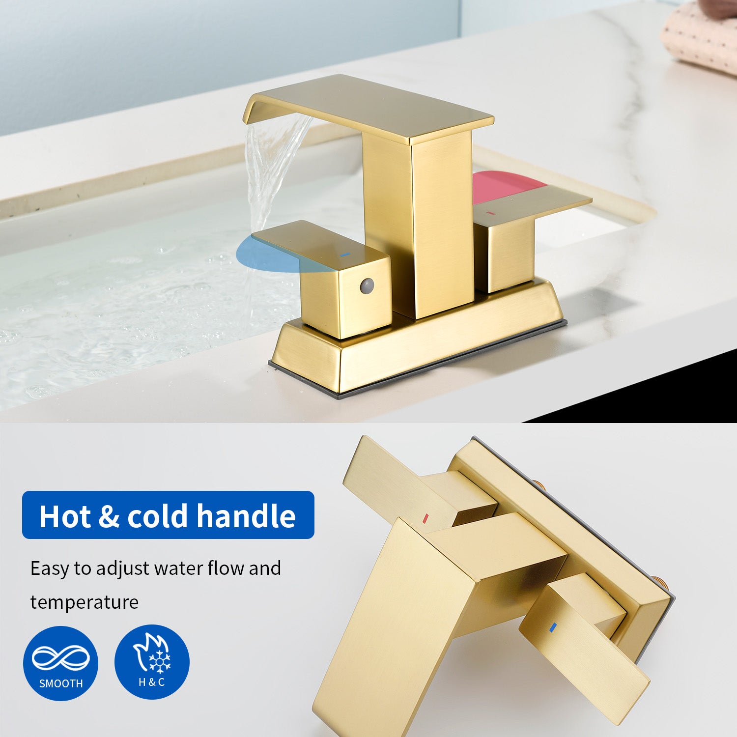 Waterfall Centerset Bathroom Sink Faucet 4 Inch 2 Handle Hot Cold Mixer Basin Faucet with Pop-Up Drain Stopper and Supply Lines