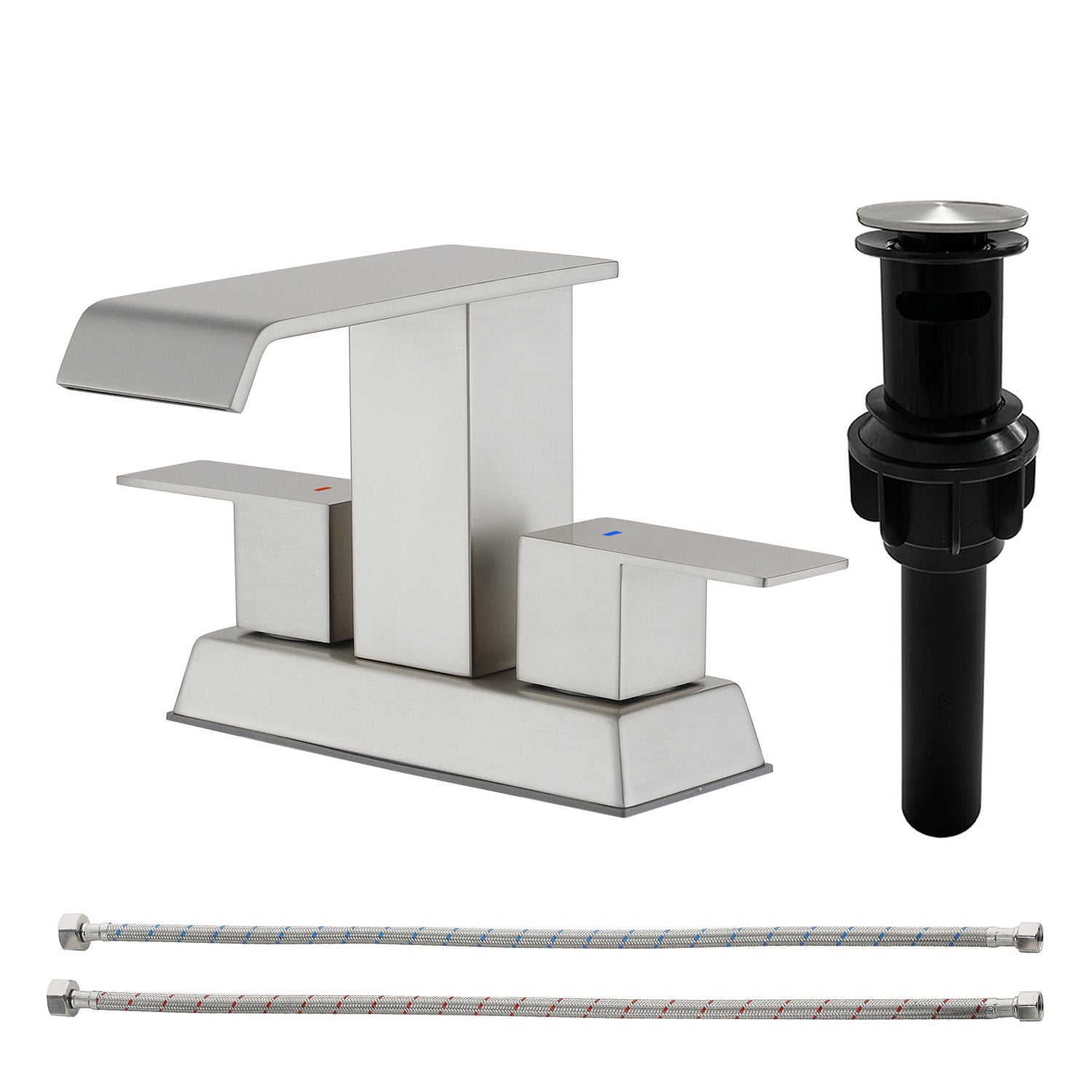 Waterfall Centerset Bathroom Sink Faucet 4 Inch 2 Handle Hot Cold Mixer Basin Faucet with Pop-Up Drain Stopper and Supply Lines