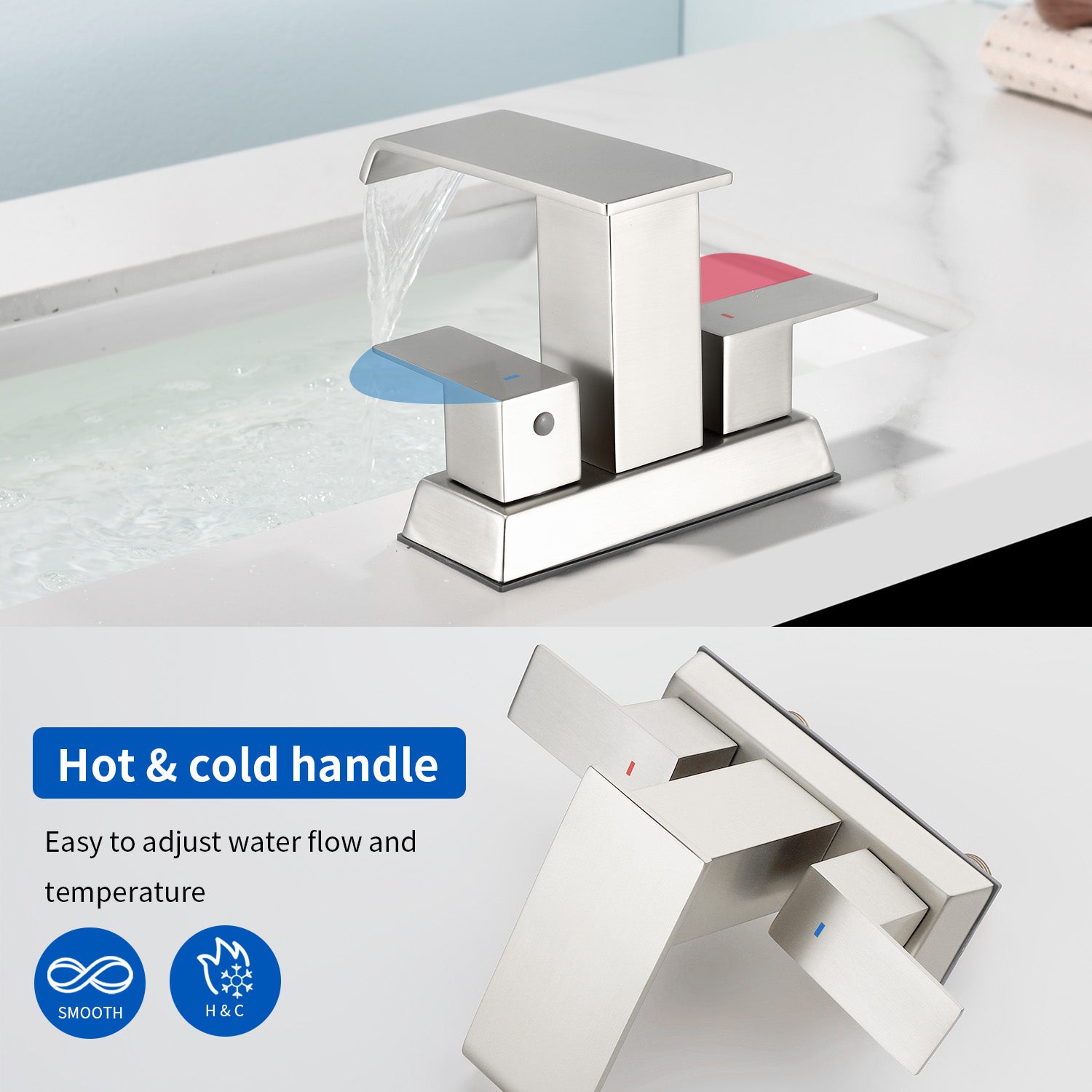 Waterfall Centerset Bathroom Sink Faucet 4 Inch 2 Handle Hot Cold Mixer Basin Faucet with Pop-Up Drain Stopper and Supply Lines