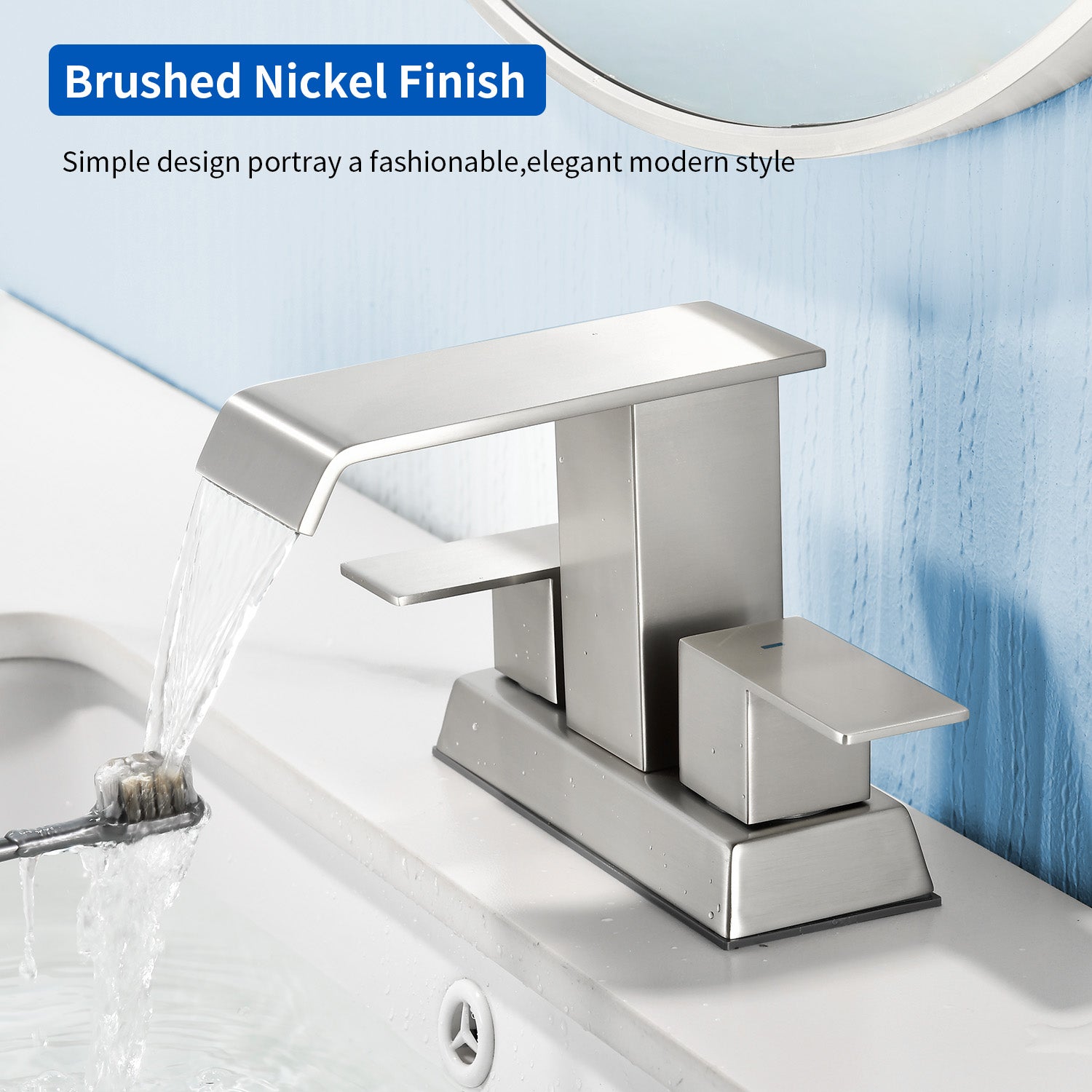 Waterfall Centerset Bathroom Sink Faucet 4 Inch 2 Handle Hot Cold Mixer Basin Faucet with Pop-Up Drain Stopper and Supply Lines