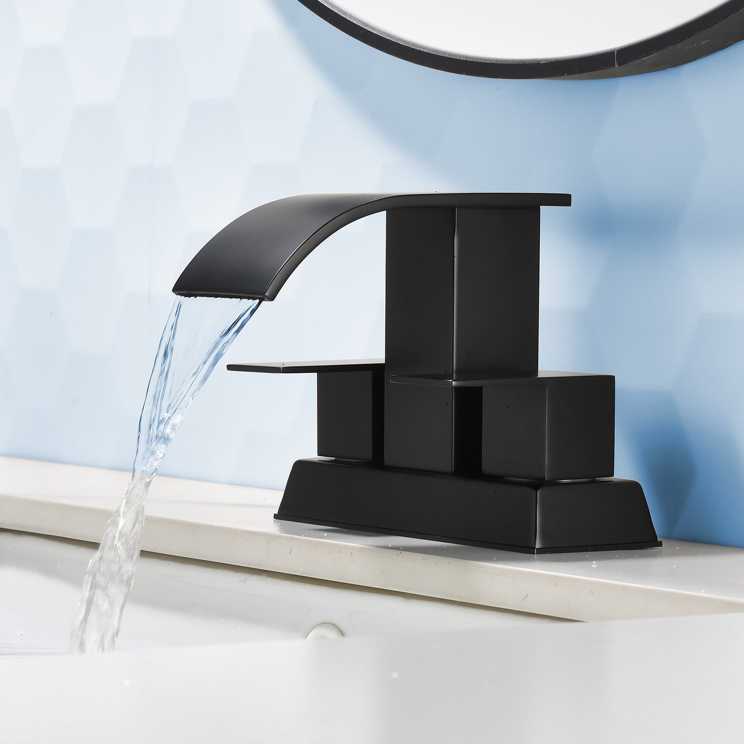 2 Handle Vanity Faucet Deck Mounted Waterfall 4 In. Centerset Double-Handle Bathroom Faucet 1.2GPM with Sink Drain Stopper