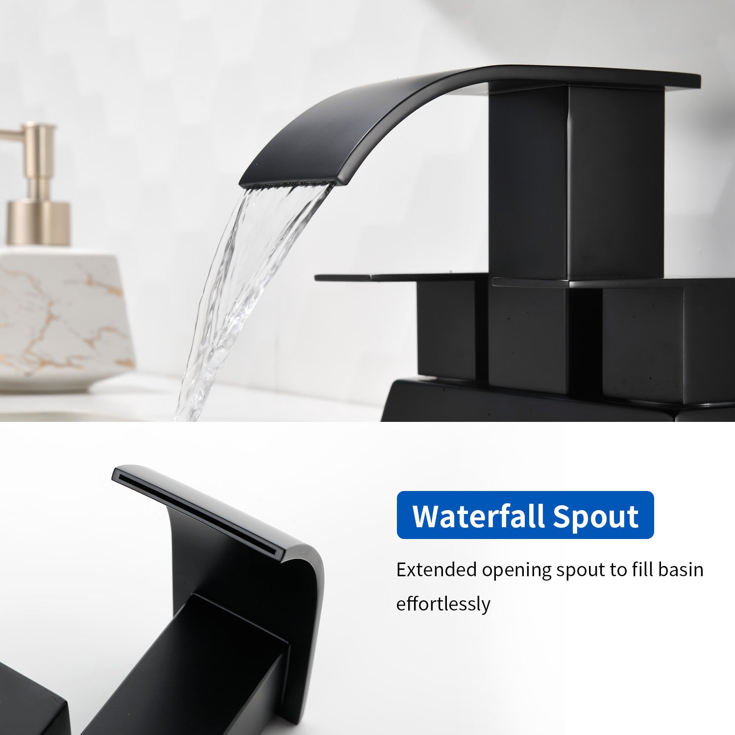2 Handle Vanity Faucet Deck Mounted Waterfall 4 In. Centerset Double-Handle Bathroom Faucet 1.2GPM with Sink Drain Stopper
