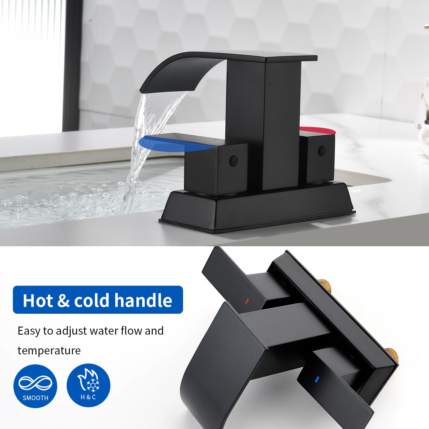 2 Handle Vanity Faucet Deck Mounted Waterfall 4 In. Centerset Double-Handle Bathroom Faucet 1.2GPM with Sink Drain Stopper