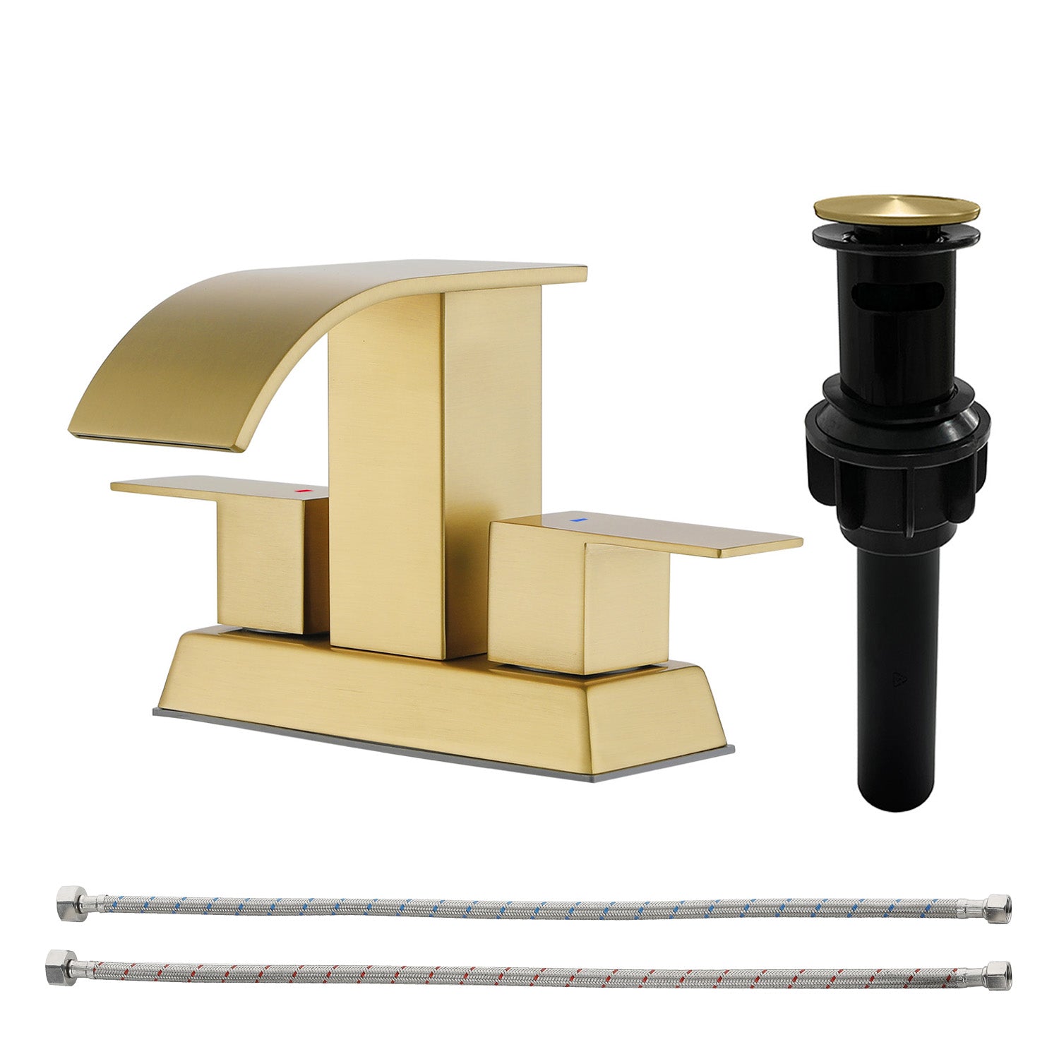 2 Handle Vanity Faucet Deck Mounted Waterfall 4 In. Centerset Double-Handle Bathroom Faucet 1.2GPM with Sink Drain Stopper