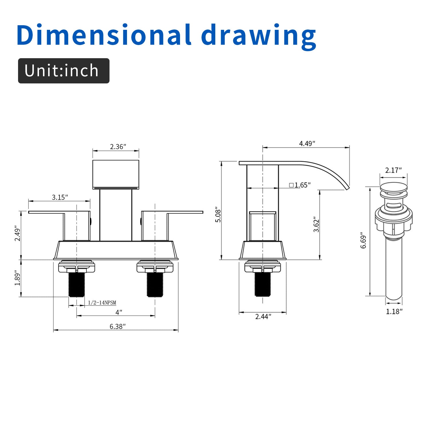 2 Handle Vanity Faucet Deck Mounted Waterfall 4 In. Centerset Double-Handle Bathroom Faucet 1.2GPM with Sink Drain Stopper