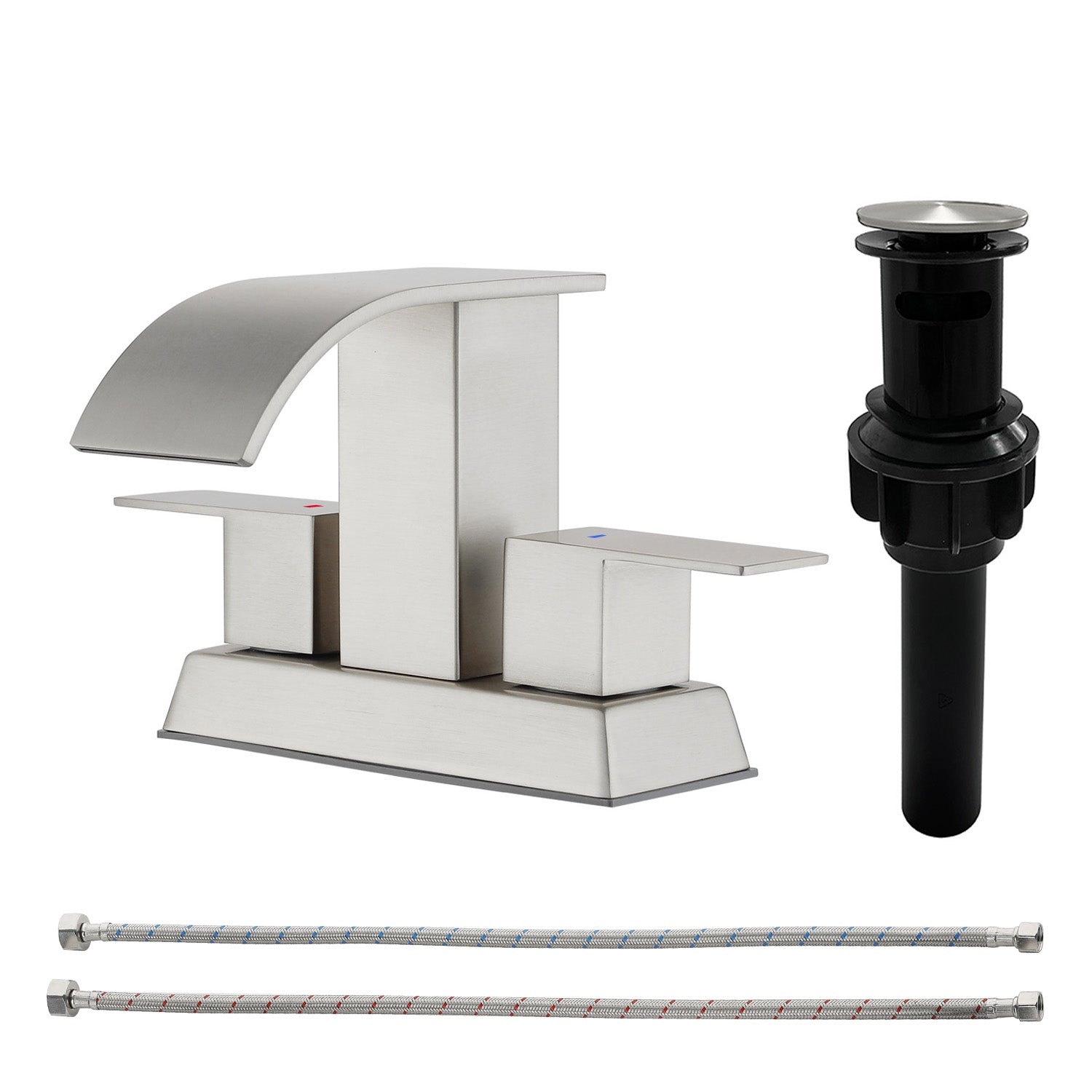 2 Handle Vanity Faucet Deck Mounted Waterfall 4 In. Centerset Double-Handle Bathroom Faucet 1.2GPM with Sink Drain Stopper