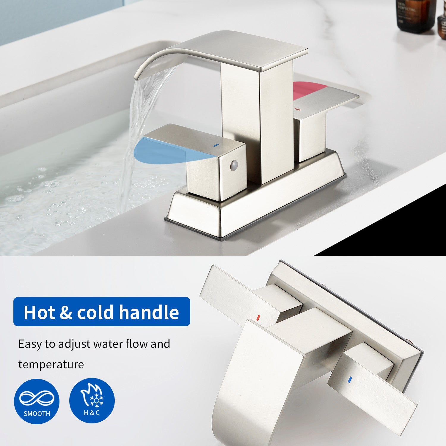 2 Handle Vanity Faucet Deck Mounted Waterfall 4 In. Centerset Double-Handle Bathroom Faucet 1.2GPM with Sink Drain Stopper