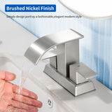 2 Handle Vanity Faucet Deck Mounted Waterfall 4 In. Centerset Double-Handle Bathroom Faucet 1.2GPM with Sink Drain Stopper