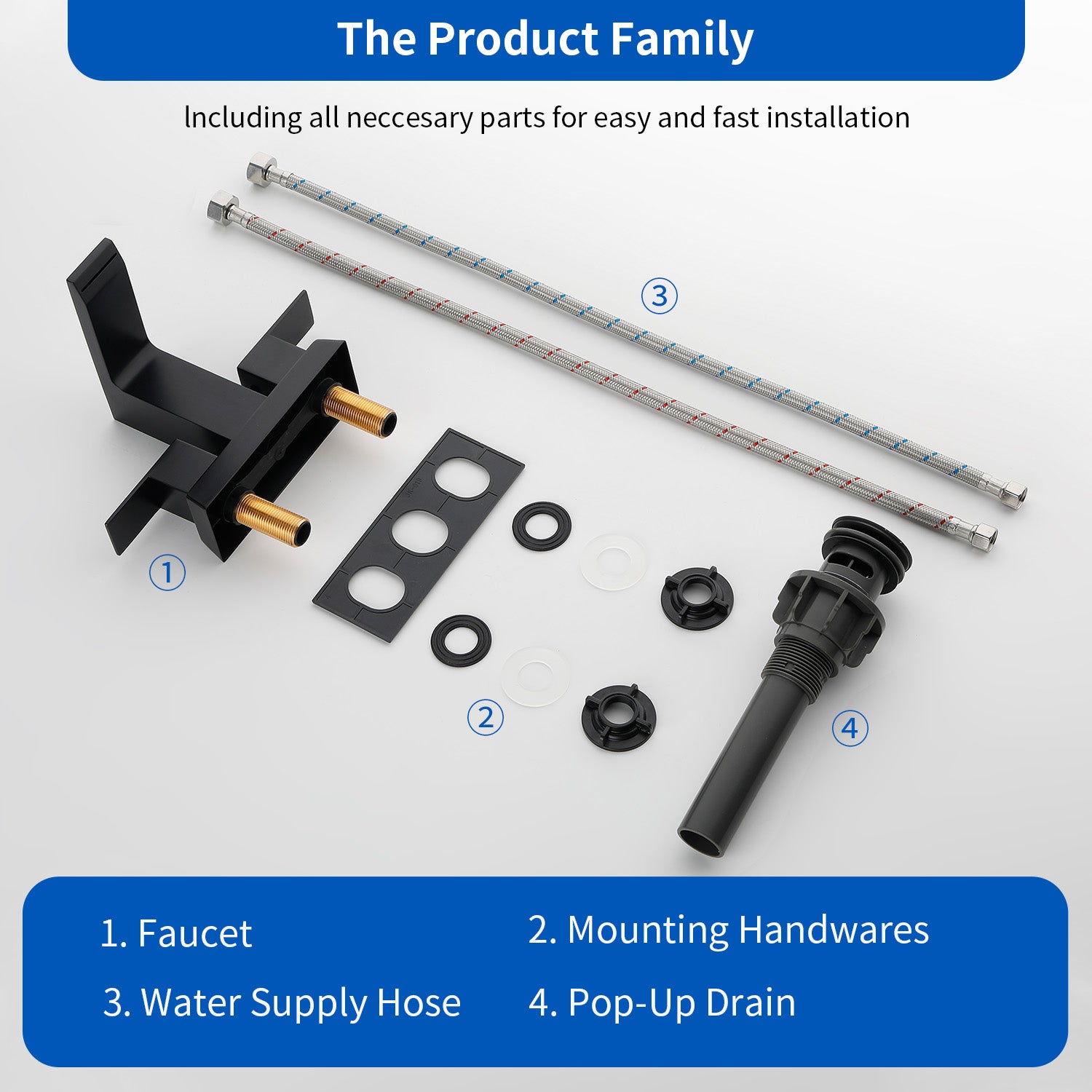 Centerset Bathroom Sink Faucet 1.2 GPM, Waterfall 4 Inch Bathroom Vanity Faucet for Basin with Pop-Up Drain and Hose