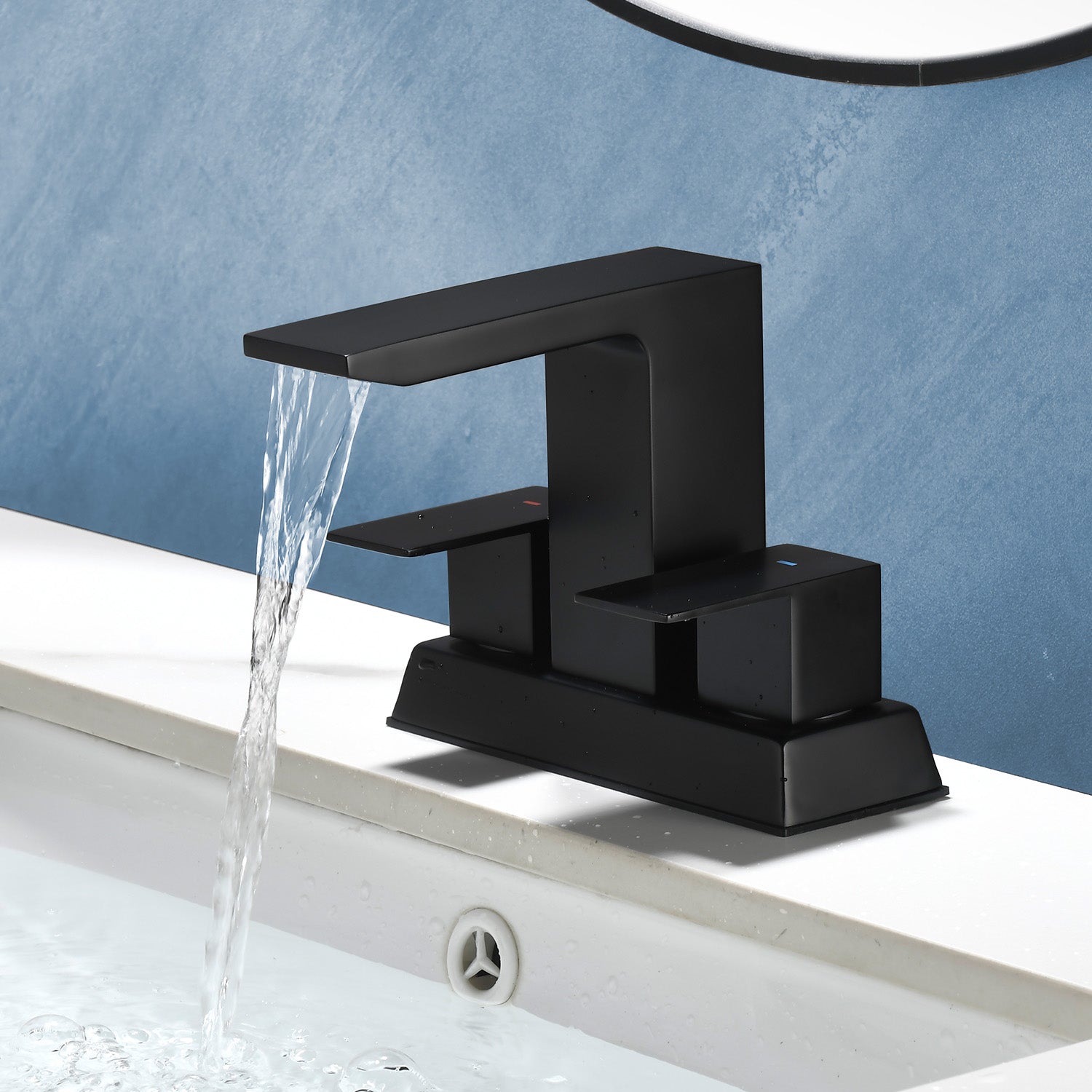 Centerset Bathroom Sink Faucet 1.2 GPM, Waterfall 4 Inch Bathroom Vanity Faucet for Basin with Pop-Up Drain and Hose