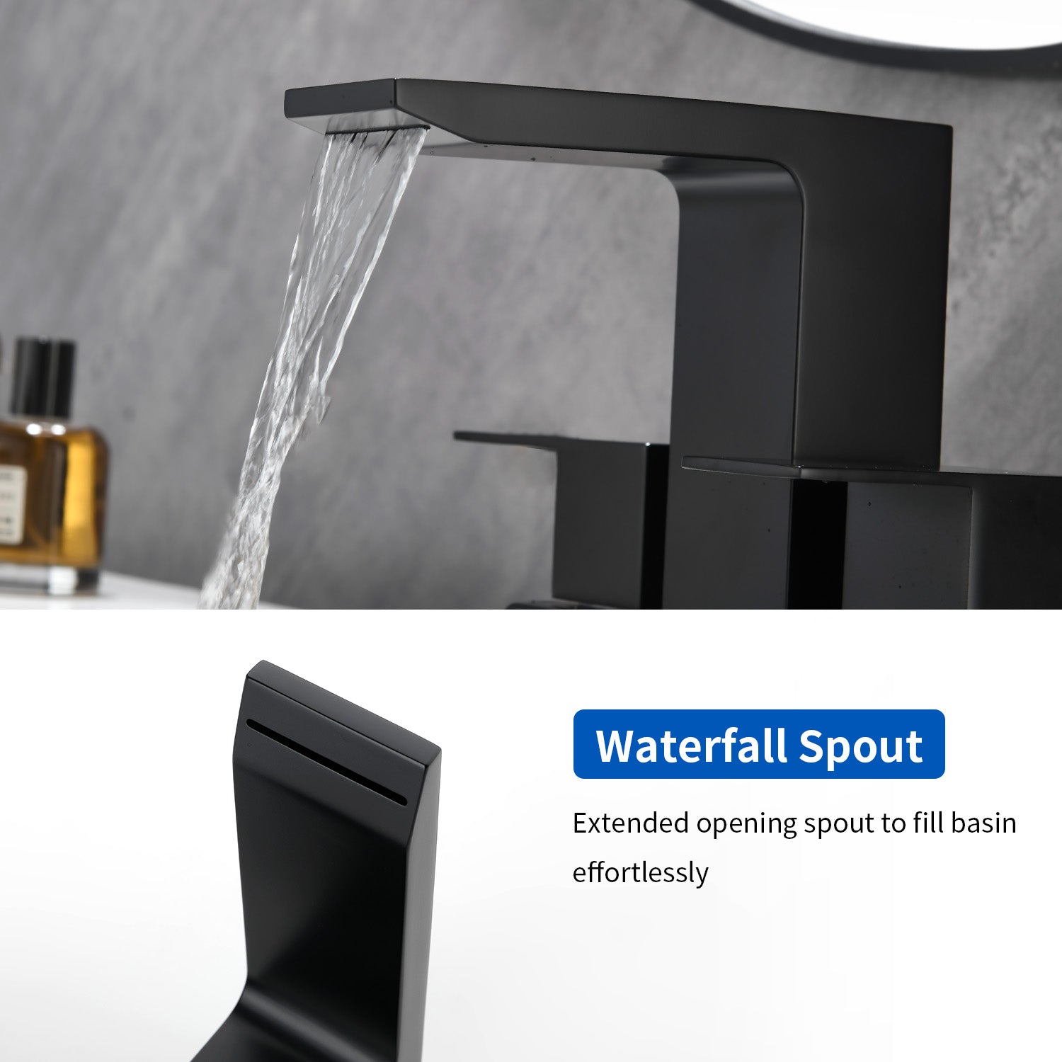 Centerset Bathroom Sink Faucet 1.2 GPM, Waterfall 4 Inch Bathroom Vanity Faucet for Basin with Pop-Up Drain and Hose