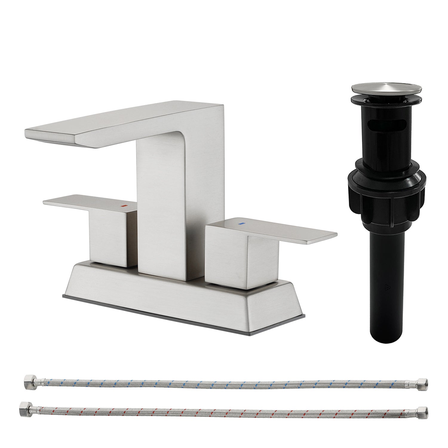 Centerset Bathroom Sink Faucet 1.2 GPM, Waterfall 4 Inch Bathroom Vanity Faucet for Basin with Pop-Up Drain and Hose