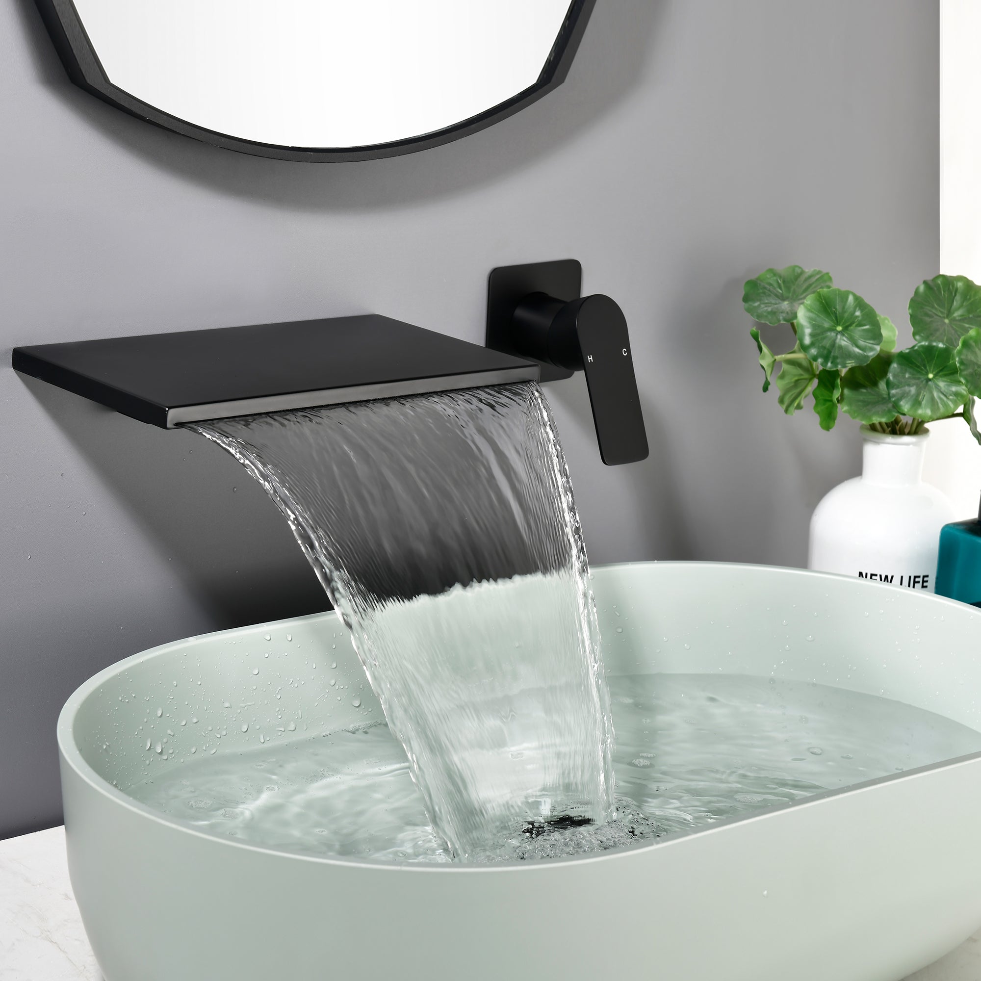 Wide Waterfall Faucet for Vessel Sinks Stainless Steel Single Lever Two Hole Wall Mounted Bathroom Faucet with Brass Connector