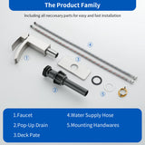 Waterfall Single Hole Bathroom Faucets with Pop-Up Drain Deck Mount Single-Handle Basin Mixer Faucet, 1.2GPM - Brushed Gold, Brushed Nickel, Matte Black