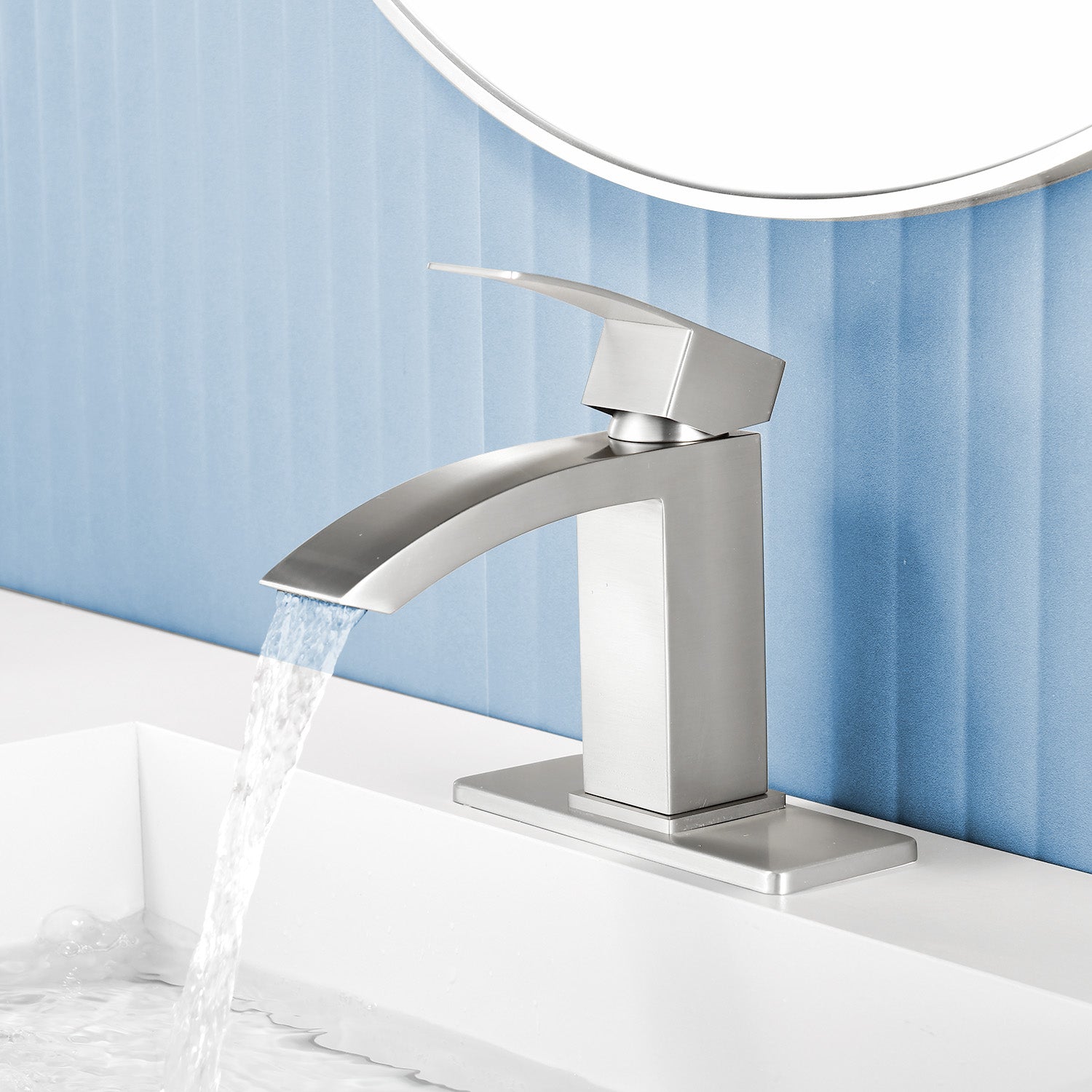 Waterfall Single Hole Bathroom Faucets with Pop-Up Drain Deck Mount Single-Handle Basin Mixer Faucet, 1.2GPM - Brushed Gold, Brushed Nickel, Matte Black