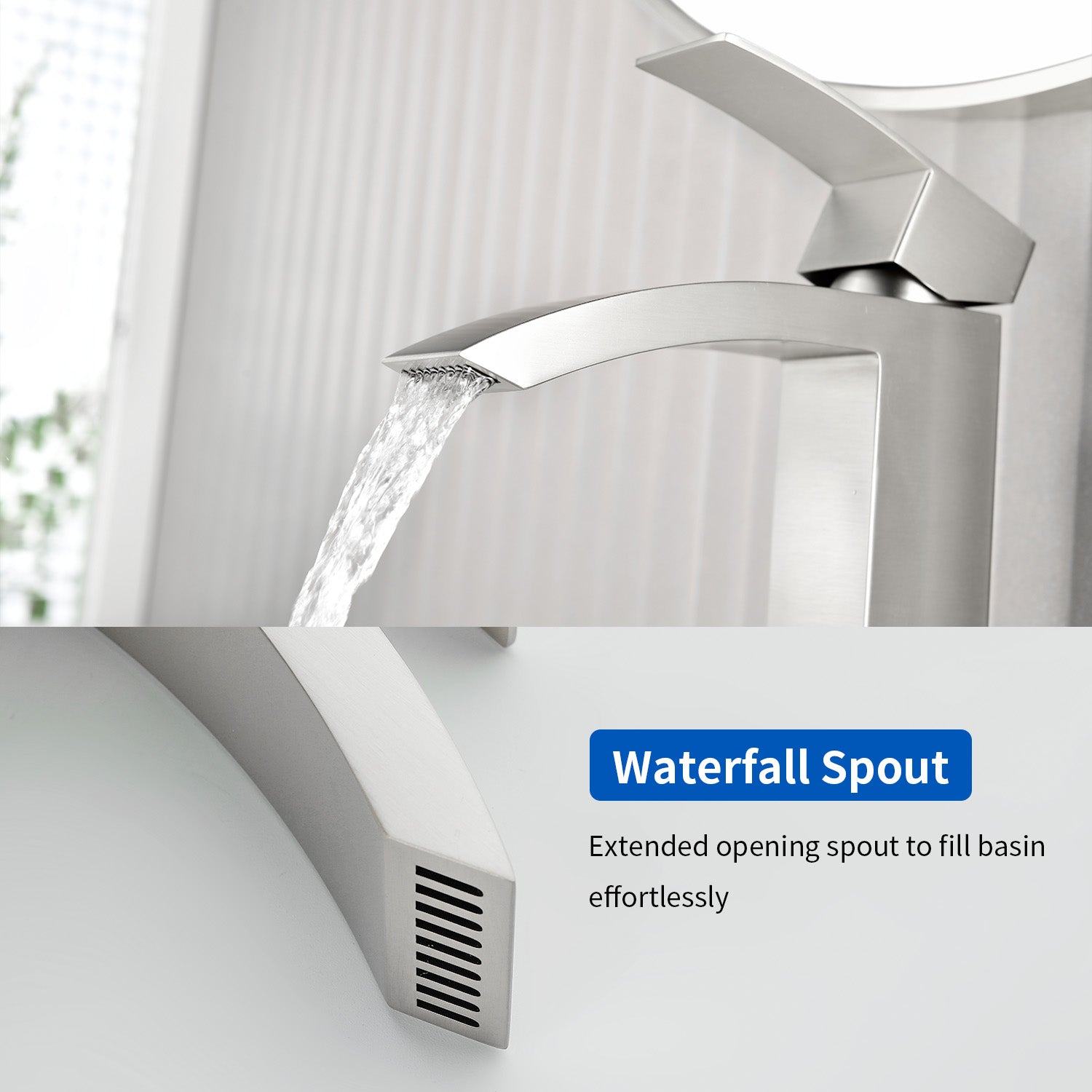 Waterfall Single Hole Bathroom Faucets with Pop-Up Drain Deck Mount Single-Handle Basin Mixer Faucet, 1.2GPM - Brushed Gold, Brushed Nickel, Matte Black