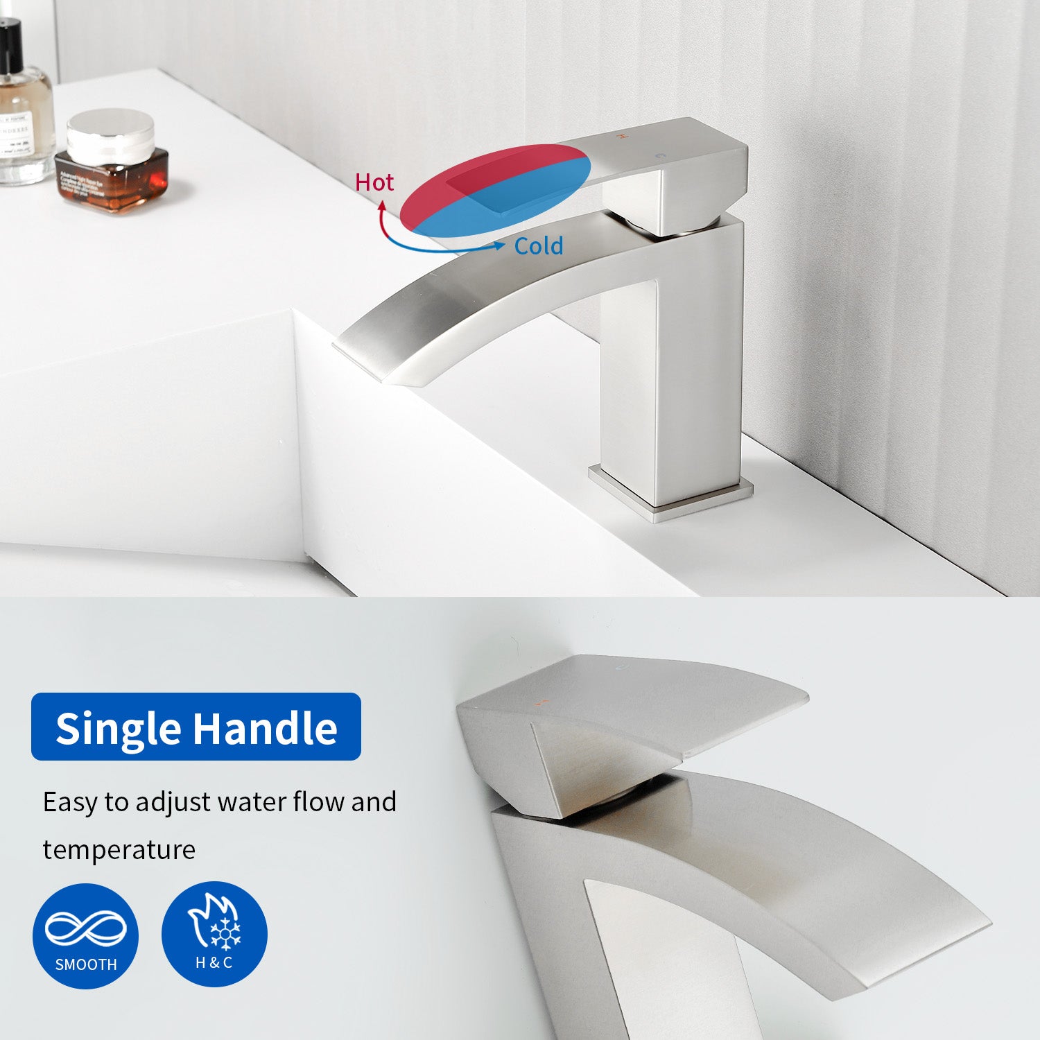 Waterfall Single Hole Bathroom Faucets with Pop-Up Drain Deck Mount Single-Handle Basin Mixer Faucet, 1.2GPM - Brushed Gold, Brushed Nickel, Matte Black