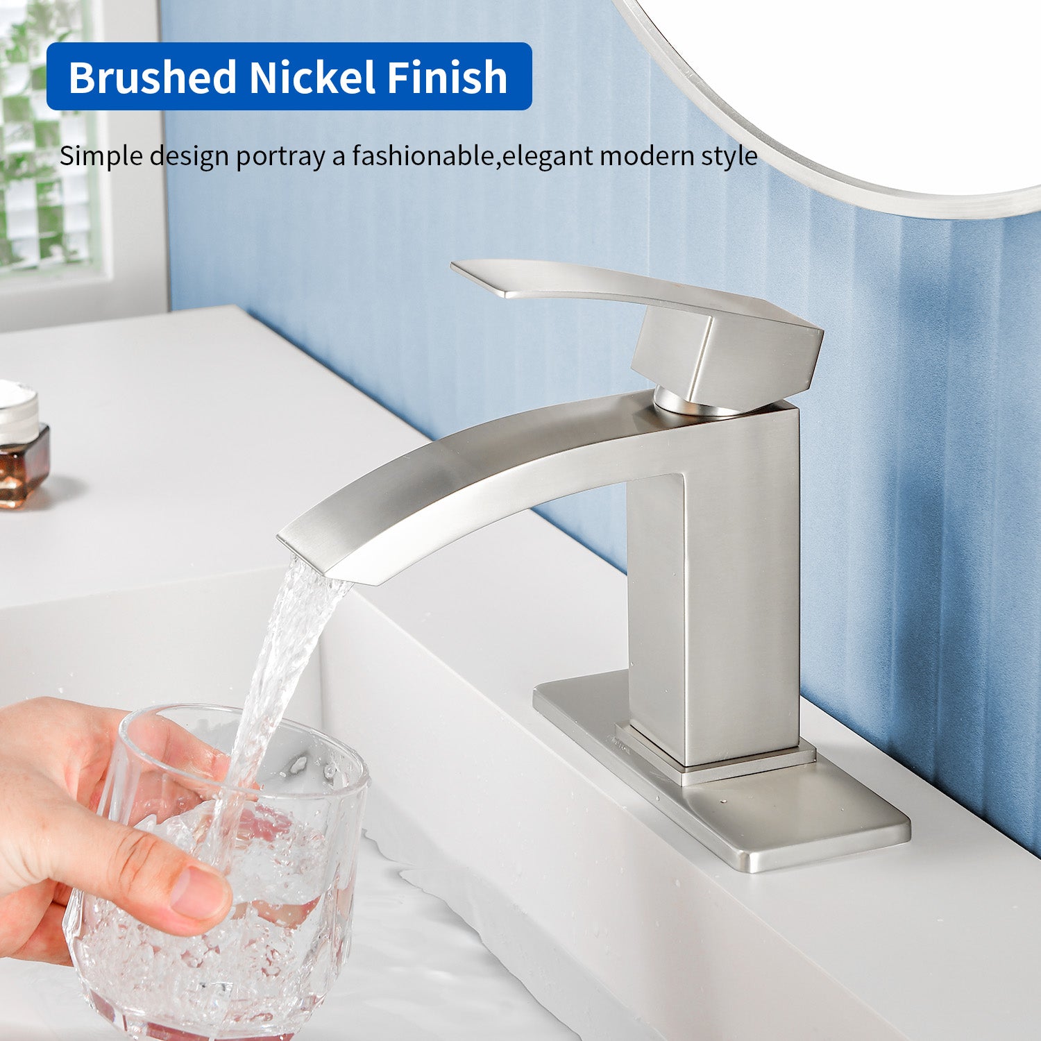 Waterfall Single Hole Bathroom Faucets with Pop-Up Drain Deck Mount Single-Handle Basin Mixer Faucet, 1.2GPM - Brushed Gold, Brushed Nickel, Matte Black