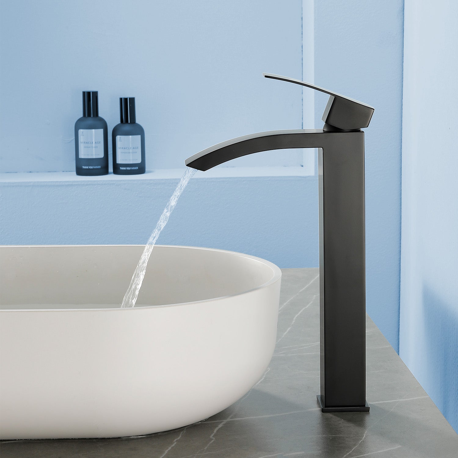 Waterfall Tall Bathroom Faucet Stainless Steel Single Handle Single Hole Vessel Sink Faucet with Drain Pop Up