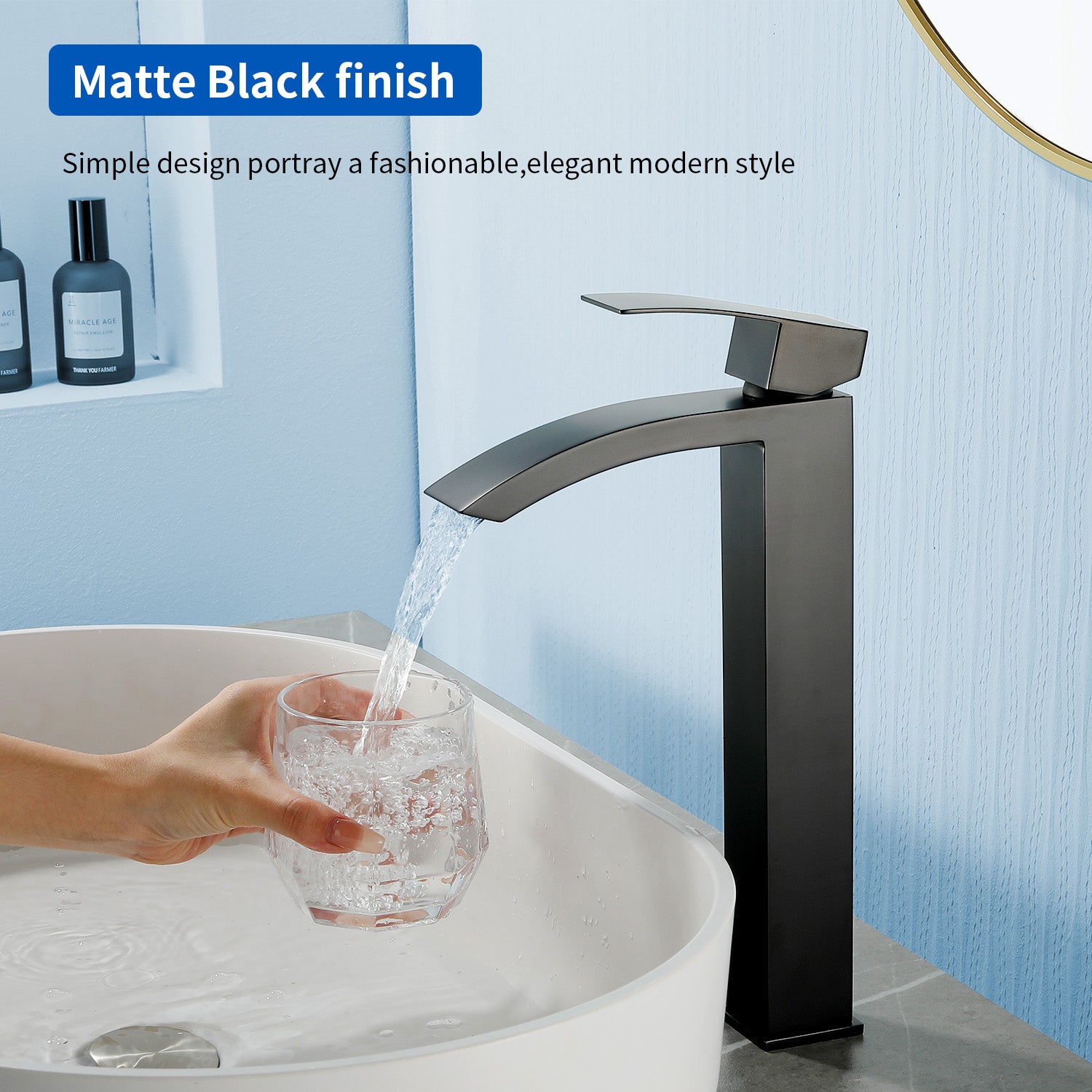 Waterfall Tall Bathroom Faucet Stainless Steel Single Handle Single Hole Vessel Sink Faucet with Drain Pop Up