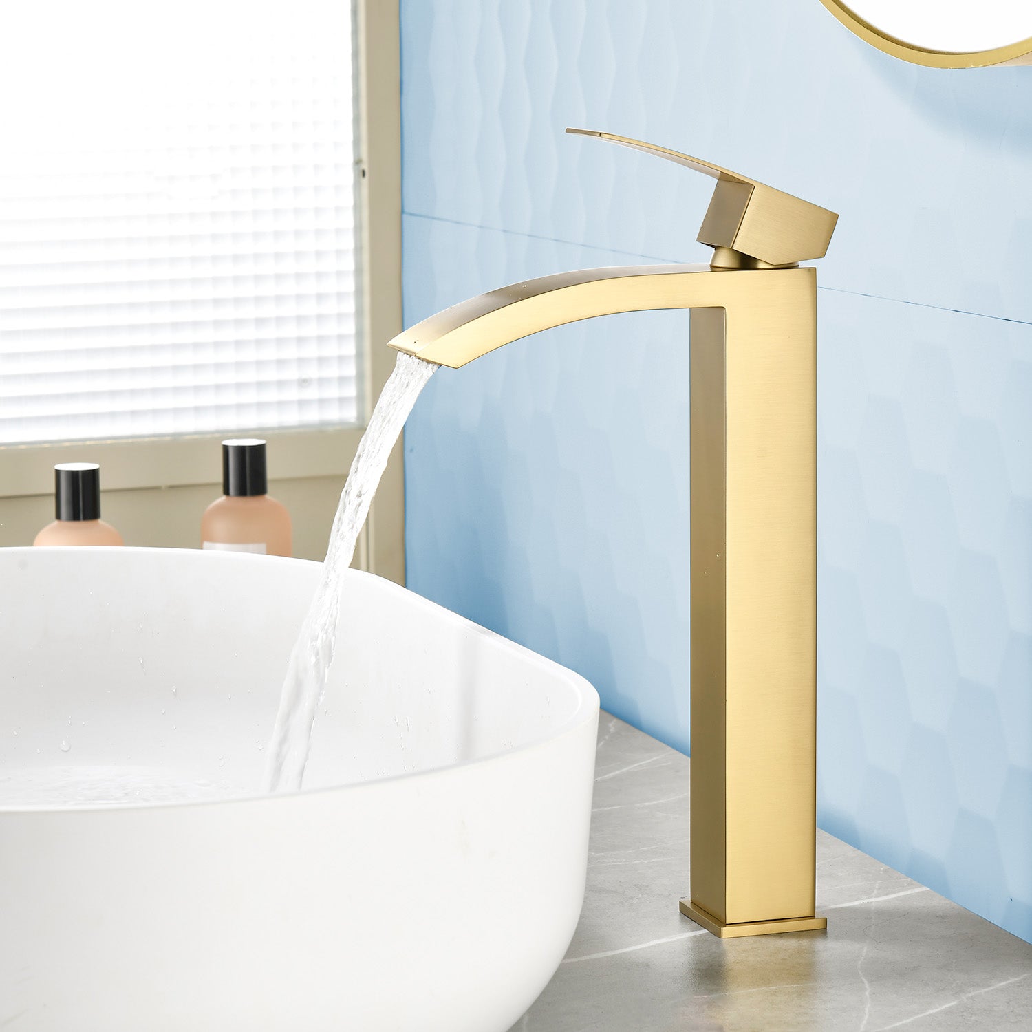 Waterfall Tall Bathroom Faucet Stainless Steel Single Handle Single Hole Vessel Sink Faucet with Drain Pop Up