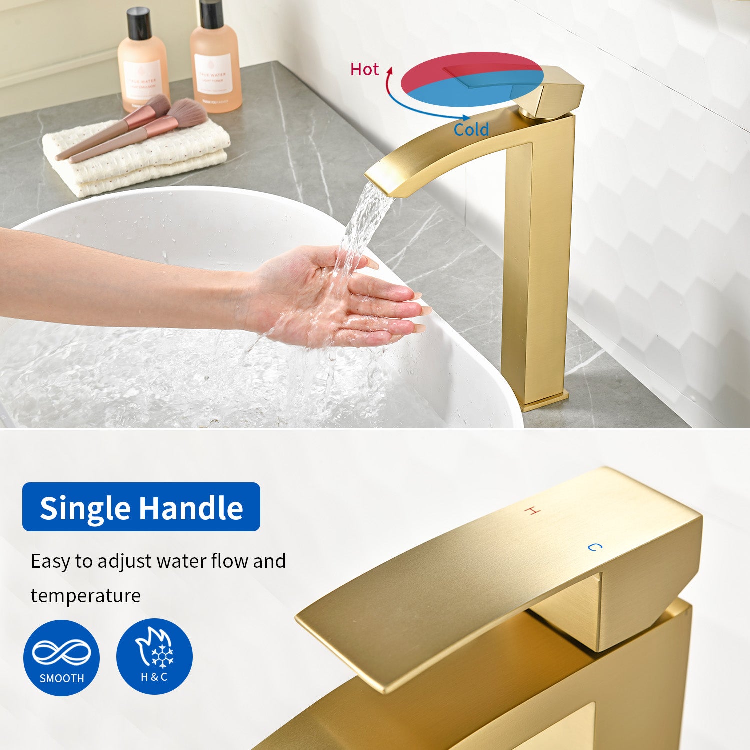 Waterfall Tall Bathroom Faucet Stainless Steel Single Handle Single Hole Vessel Sink Faucet with Drain Pop Up