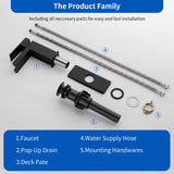 Single Handle Basin Mixer Tap Waterfall 1 Hole Sus304 Vanity Faucet for Bathroom Sink with Overflow Pop Up Drain Stopper