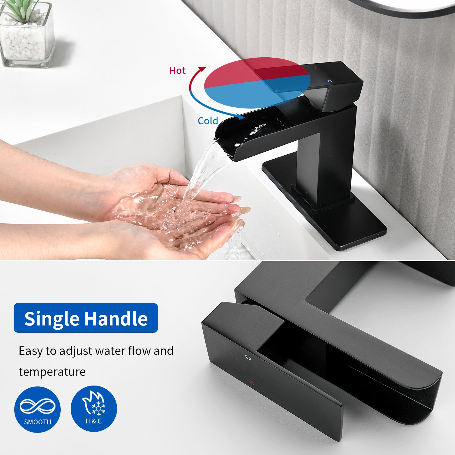 Single Handle Basin Mixer Tap Waterfall 1 Hole Sus304 Vanity Faucet for Bathroom Sink with Overflow Pop Up Drain Stopper