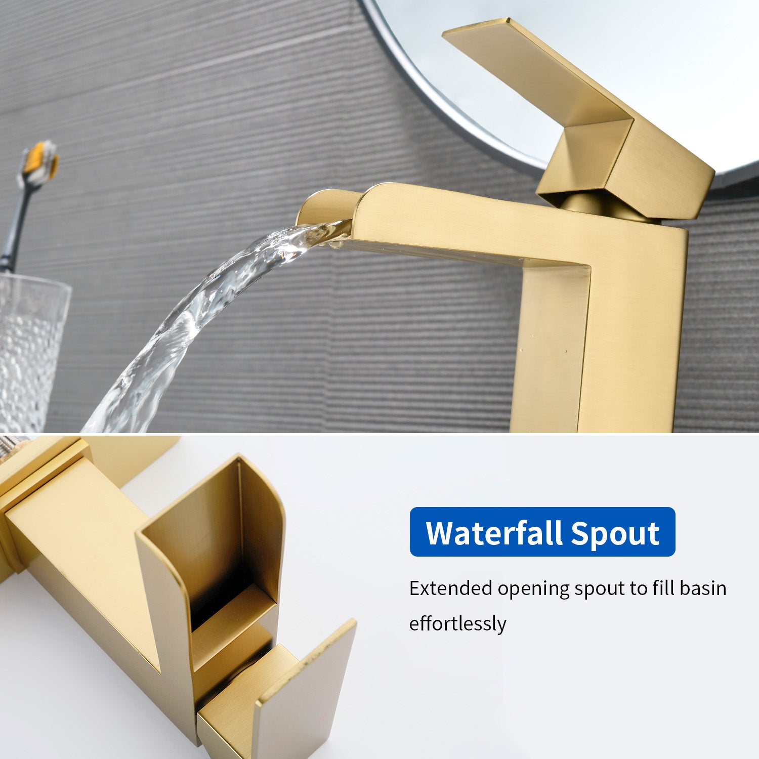 Single Handle Basin Mixer Tap Waterfall 1 Hole Sus304 Vanity Faucet for Bathroom Sink with Overflow Pop Up Drain Stopper