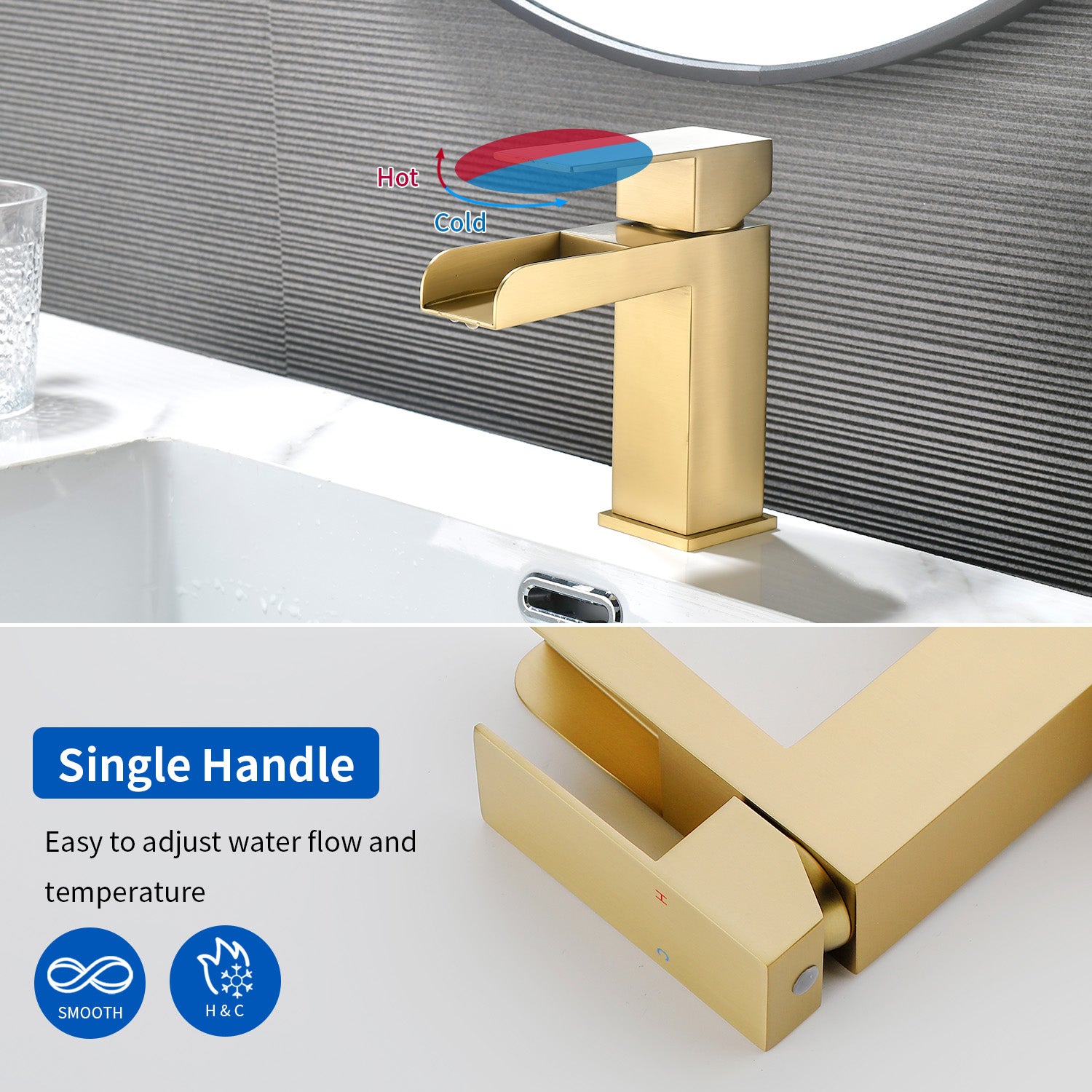 Single Handle Basin Mixer Tap Waterfall 1 Hole Sus304 Vanity Faucet for Bathroom Sink with Overflow Pop Up Drain Stopper