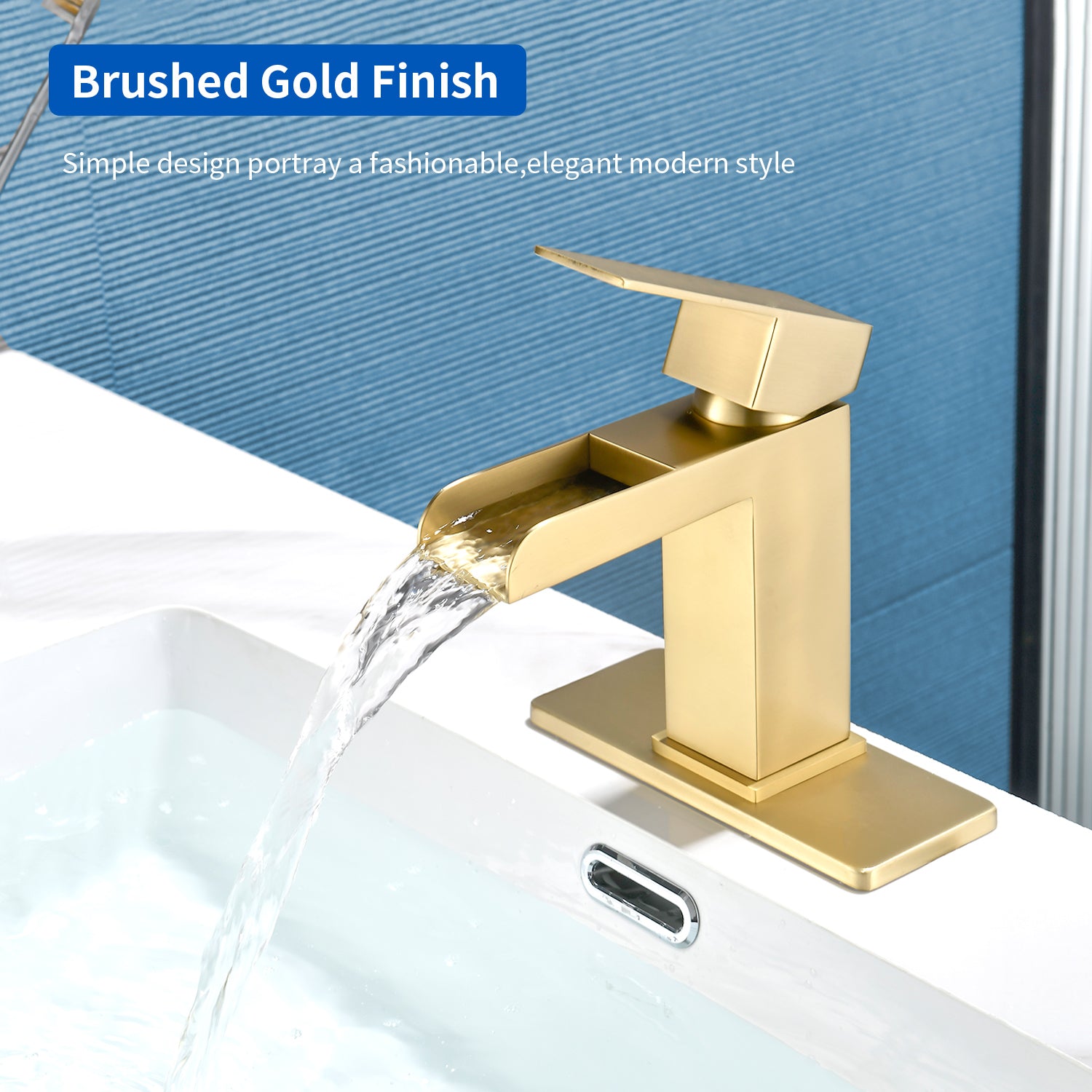 Single Handle Basin Mixer Tap Waterfall 1 Hole Sus304 Vanity Faucet for Bathroom Sink with Overflow Pop Up Drain Stopper
