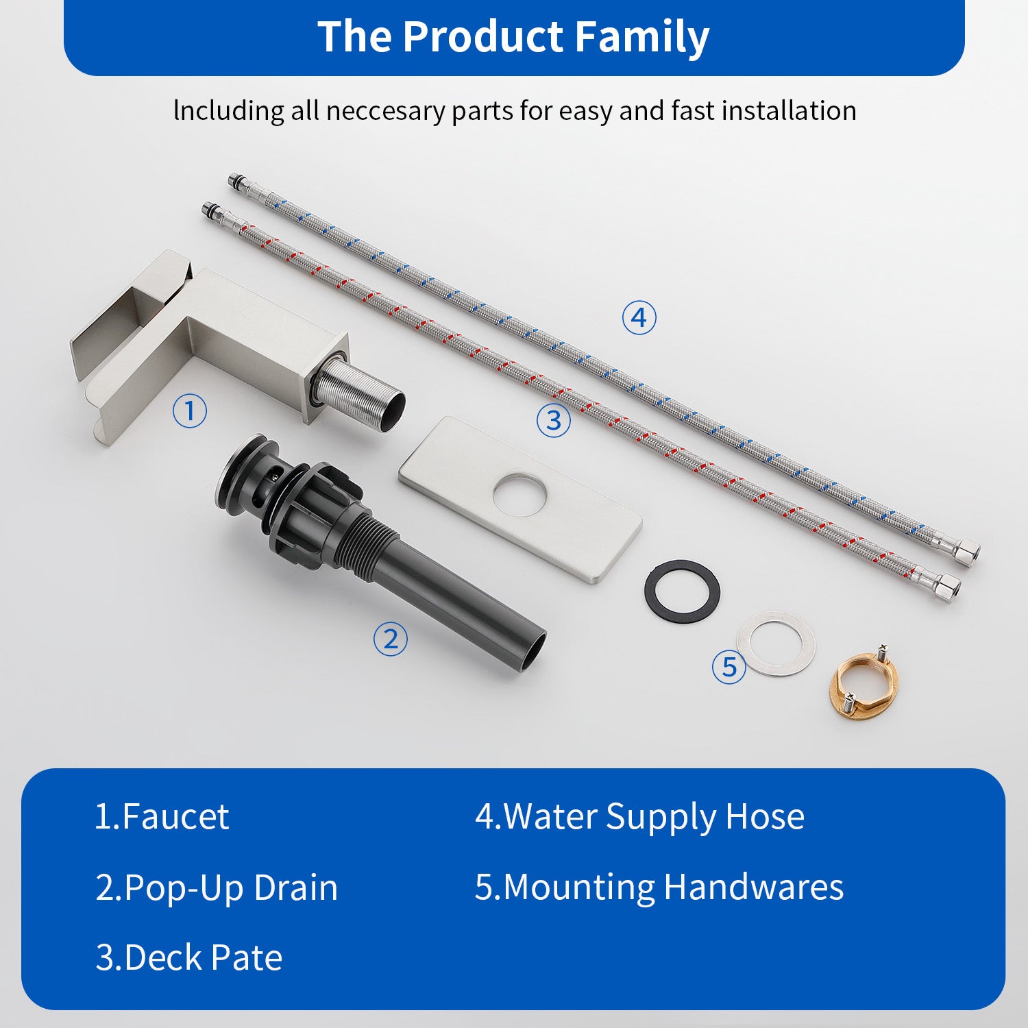 Single Handle Basin Mixer Tap Waterfall 1 Hole Sus304 Vanity Faucet for Bathroom Sink with Overflow Pop Up Drain Stopper