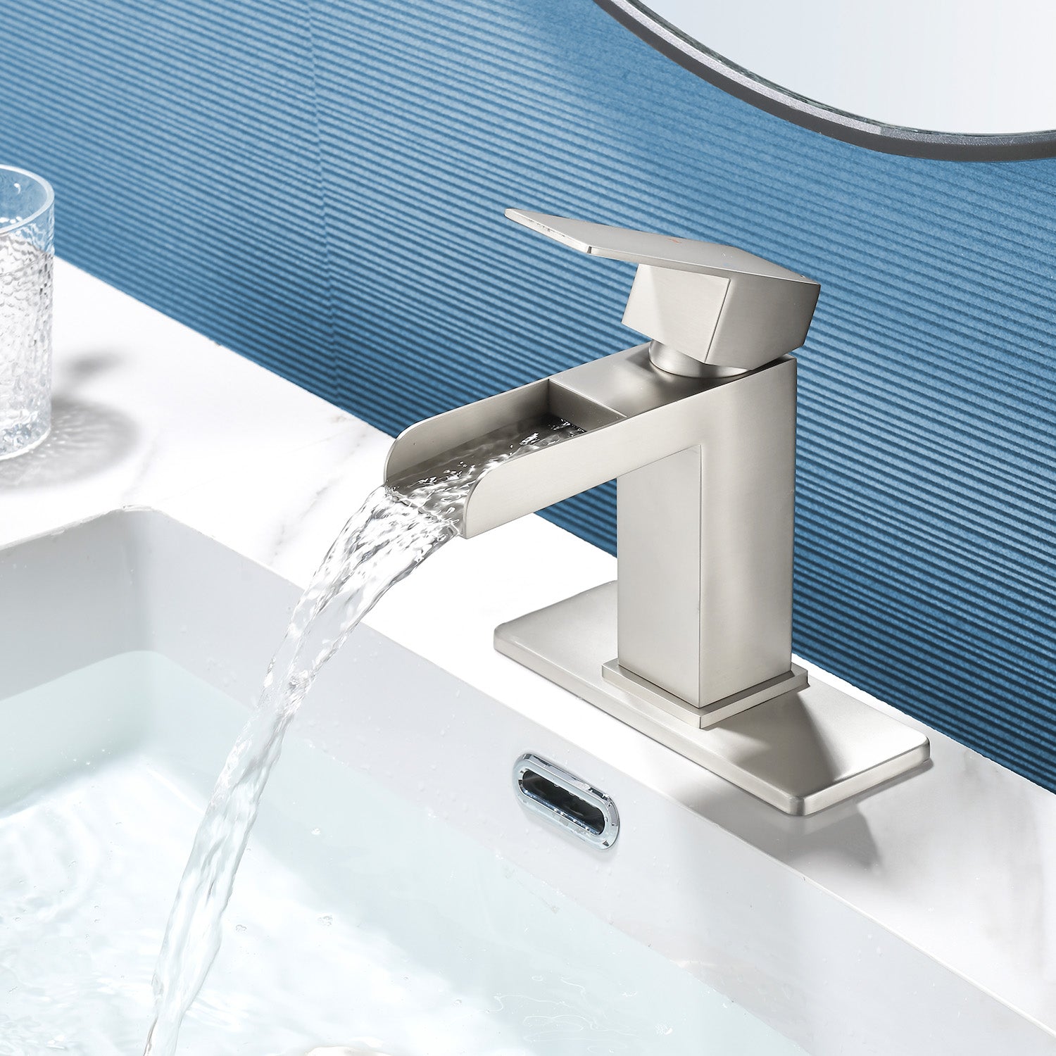 Single Handle Basin Mixer Tap Waterfall 1 Hole Sus304 Vanity Faucet for Bathroom Sink with Overflow Pop Up Drain Stopper