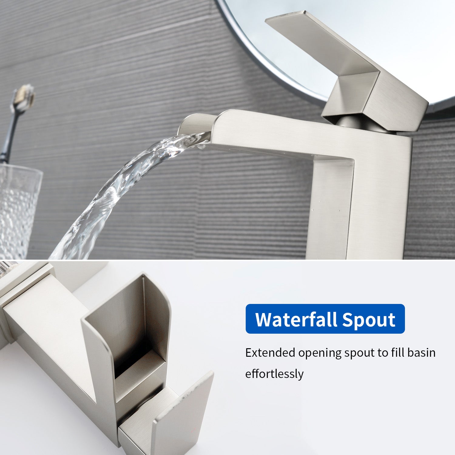 Single Handle Basin Mixer Tap Waterfall 1 Hole Sus304 Vanity Faucet for Bathroom Sink with Overflow Pop Up Drain Stopper