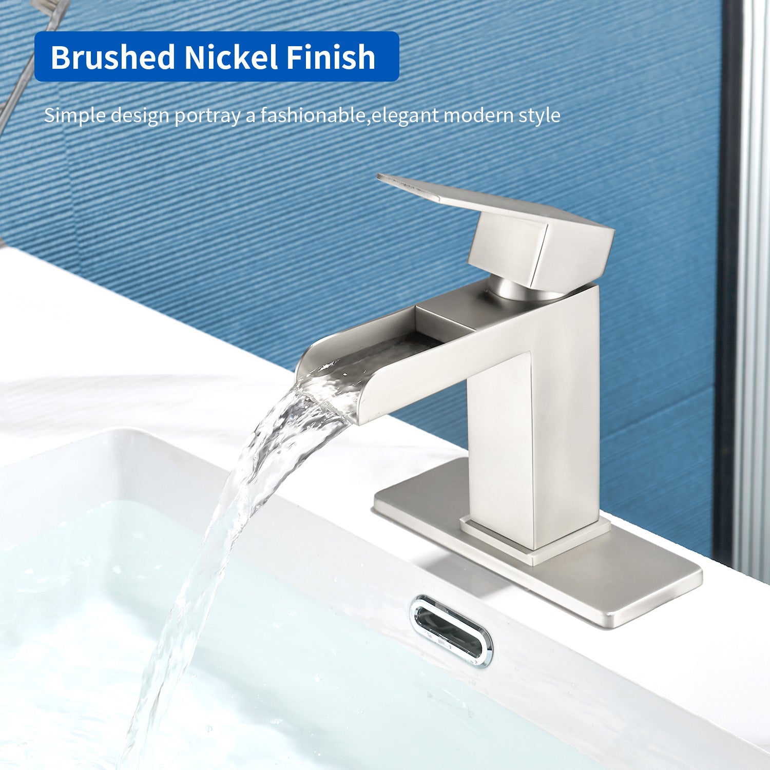 Single Handle Basin Mixer Tap Waterfall 1 Hole Sus304 Vanity Faucet for Bathroom Sink with Overflow Pop Up Drain Stopper