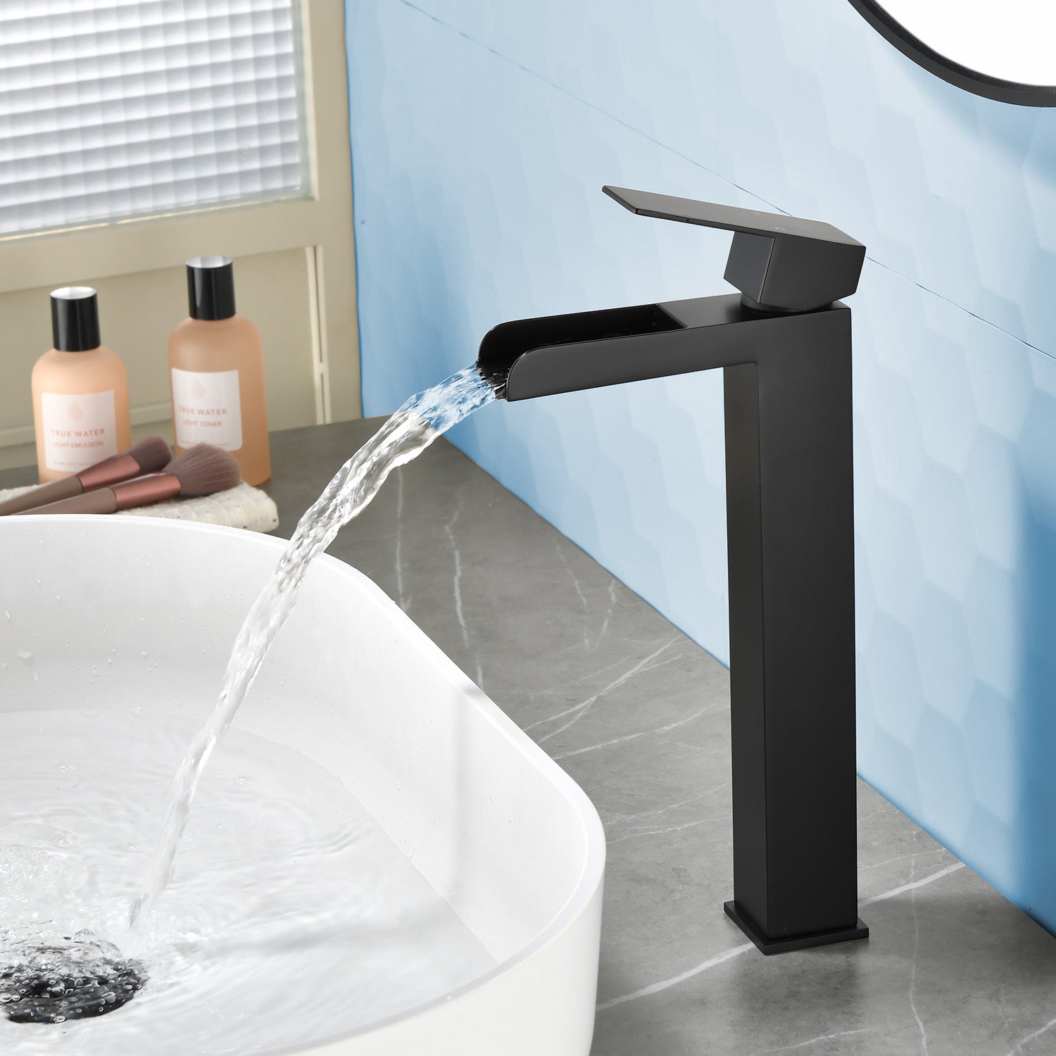 Tall Waterfall Vessel Faucet Deck Mount Single Lever Bathroom Sink Faucet with Pop Up Drain Stopper & Water Supply Lines