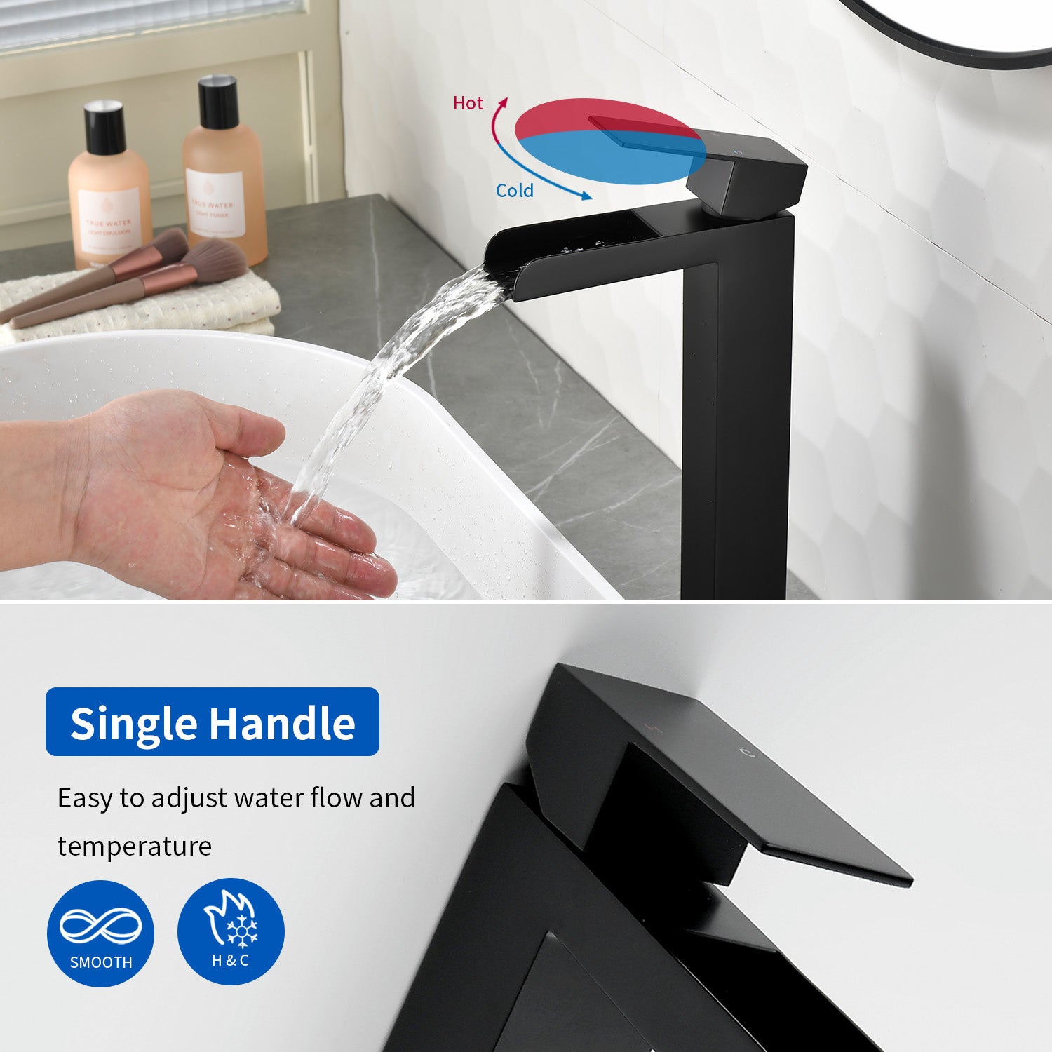 Tall Waterfall Vessel Faucet Deck Mount Single Lever Bathroom Sink Faucet with Pop Up Drain Stopper & Water Supply Lines