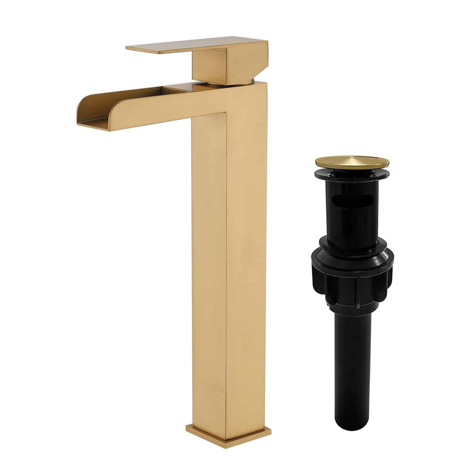 Tall Waterfall Vessel Faucet Deck Mount Single Lever Bathroom Sink Faucet with Pop Up Drain Stopper & Water Supply Lines